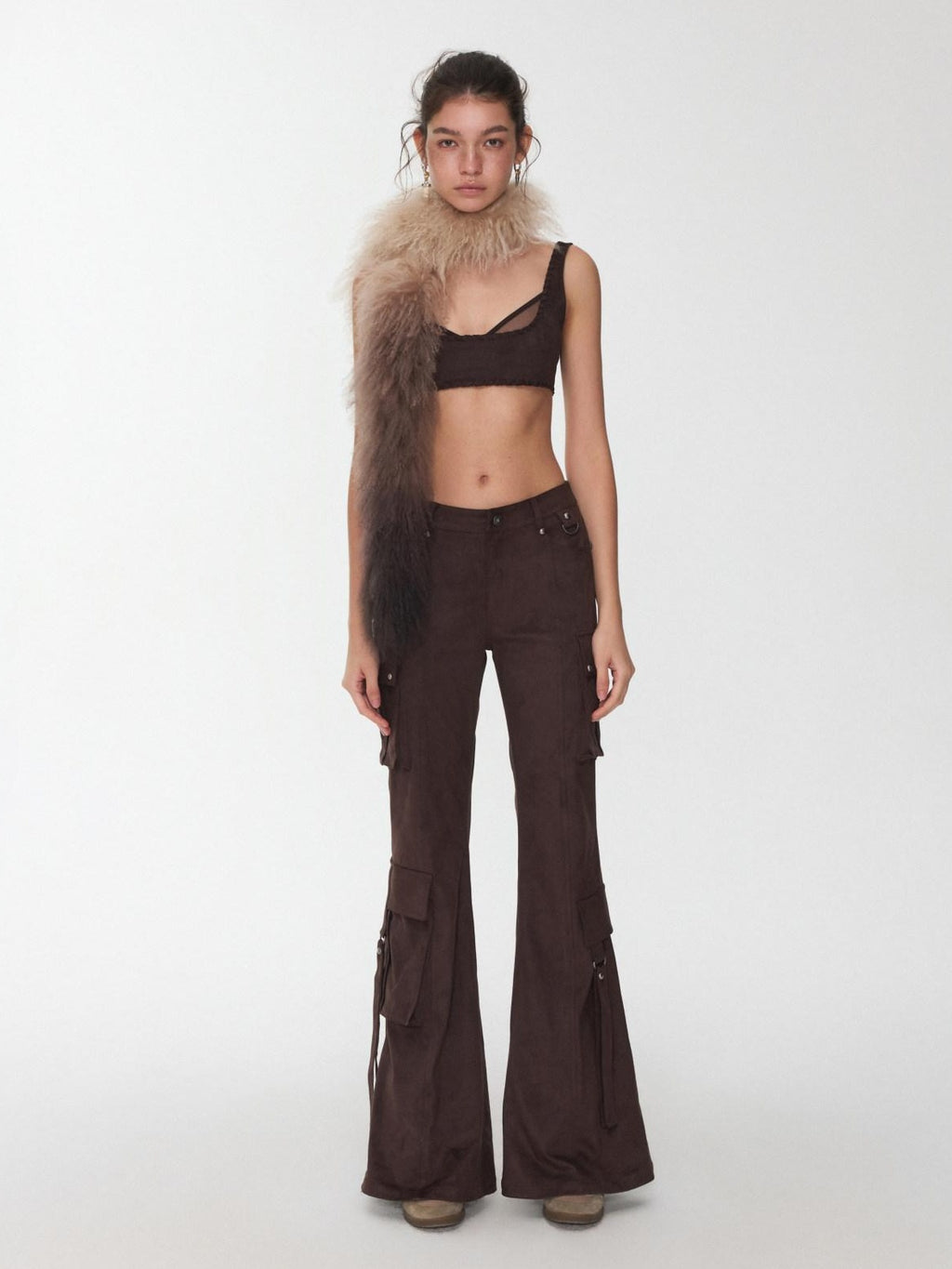 1JINN STUDIO Stretch Low Waist Metal Hardware Casual Microflare Womens Poly Blend Flared Pants