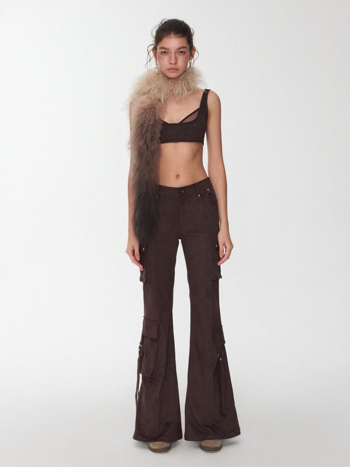 1JINN STUDIO Stretch Low Waist Metal Hardware Casual Microflare Womens Poly Blend Flared Pants