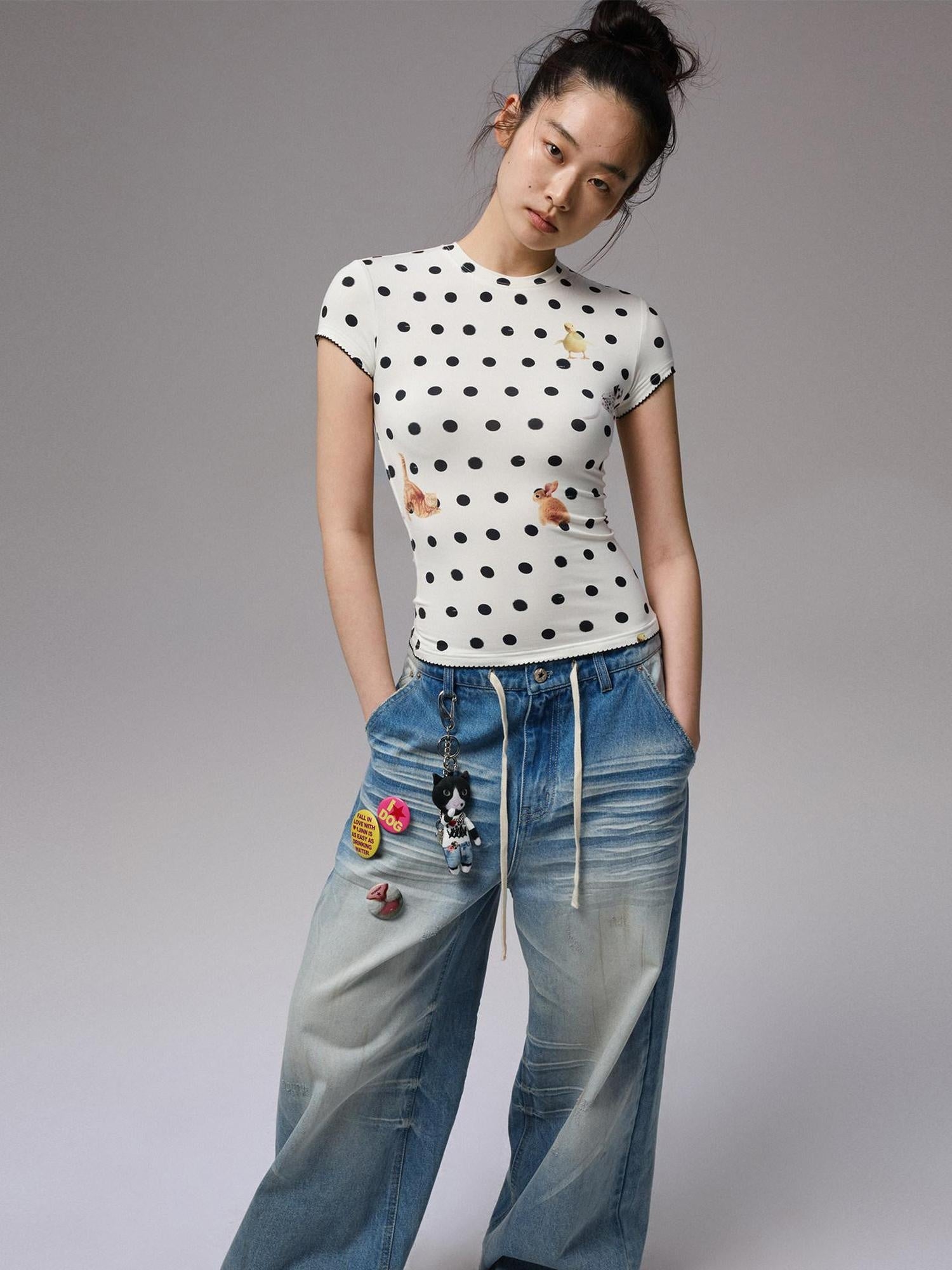 1JINN STUDIO Sweat Wicking Slim Casual Patchwork Women Polka Dot Short Sleeve T-Shirts