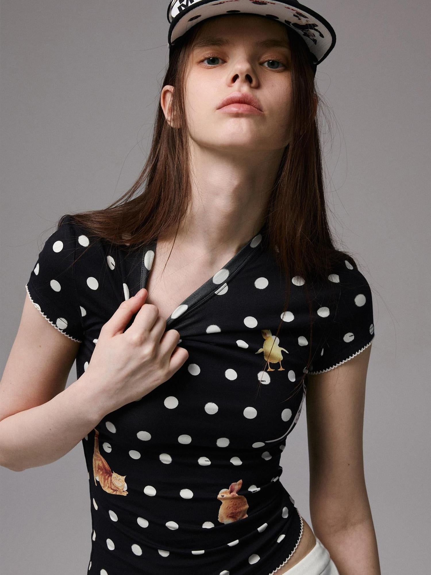 1JINN STUDIO Sweat Wicking Slim Casual Patchwork Women Polka Dot Short Sleeve T-Shirts