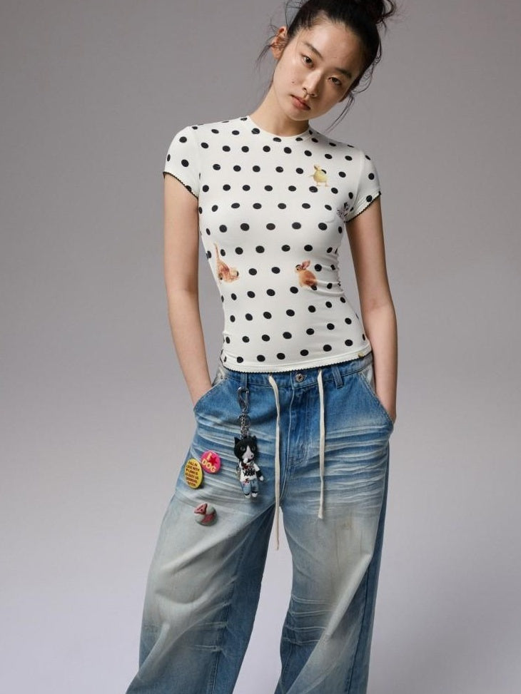 1JINN STUDIO Sweat Wicking Slim Casual Patchwork Women Polka Dot Short Sleeve T-Shirts