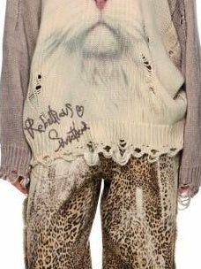 1JINN STUDIO Sweet Distressed Loose Fit Printed Crew Neck Womens Cotton Blend Sweaters