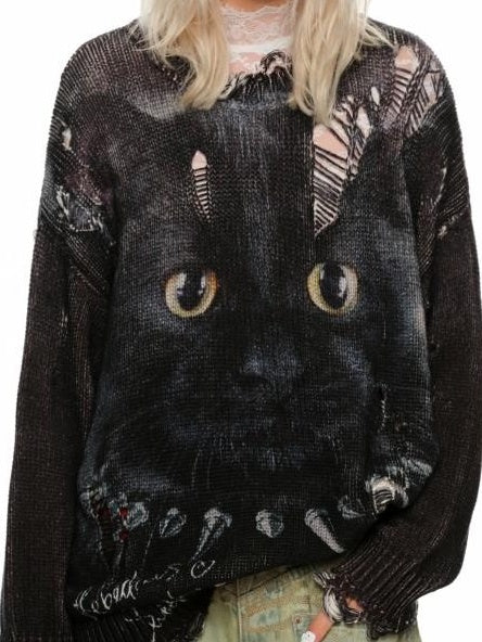 1JINN STUDIO Sweet Distressed Loose Fit Printed Crew Neck Womens Cotton Blend Sweaters