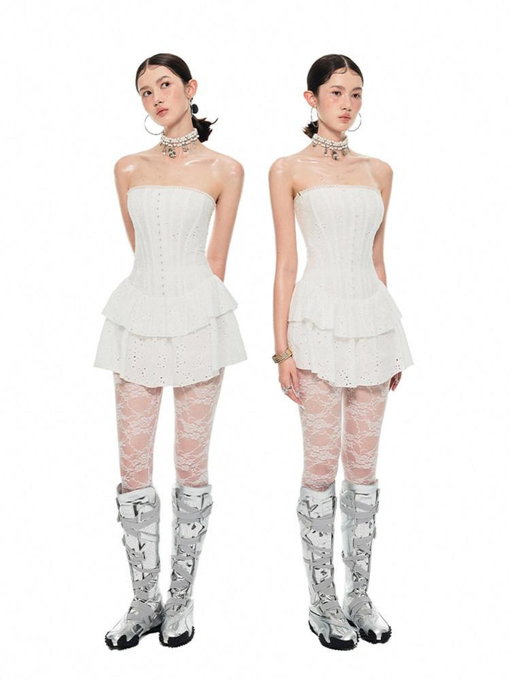 1JINN STUDIO Sweet Lace Strapless Cinched Waist Fitted Jacquard Tiered Cotton Mini Dresses
