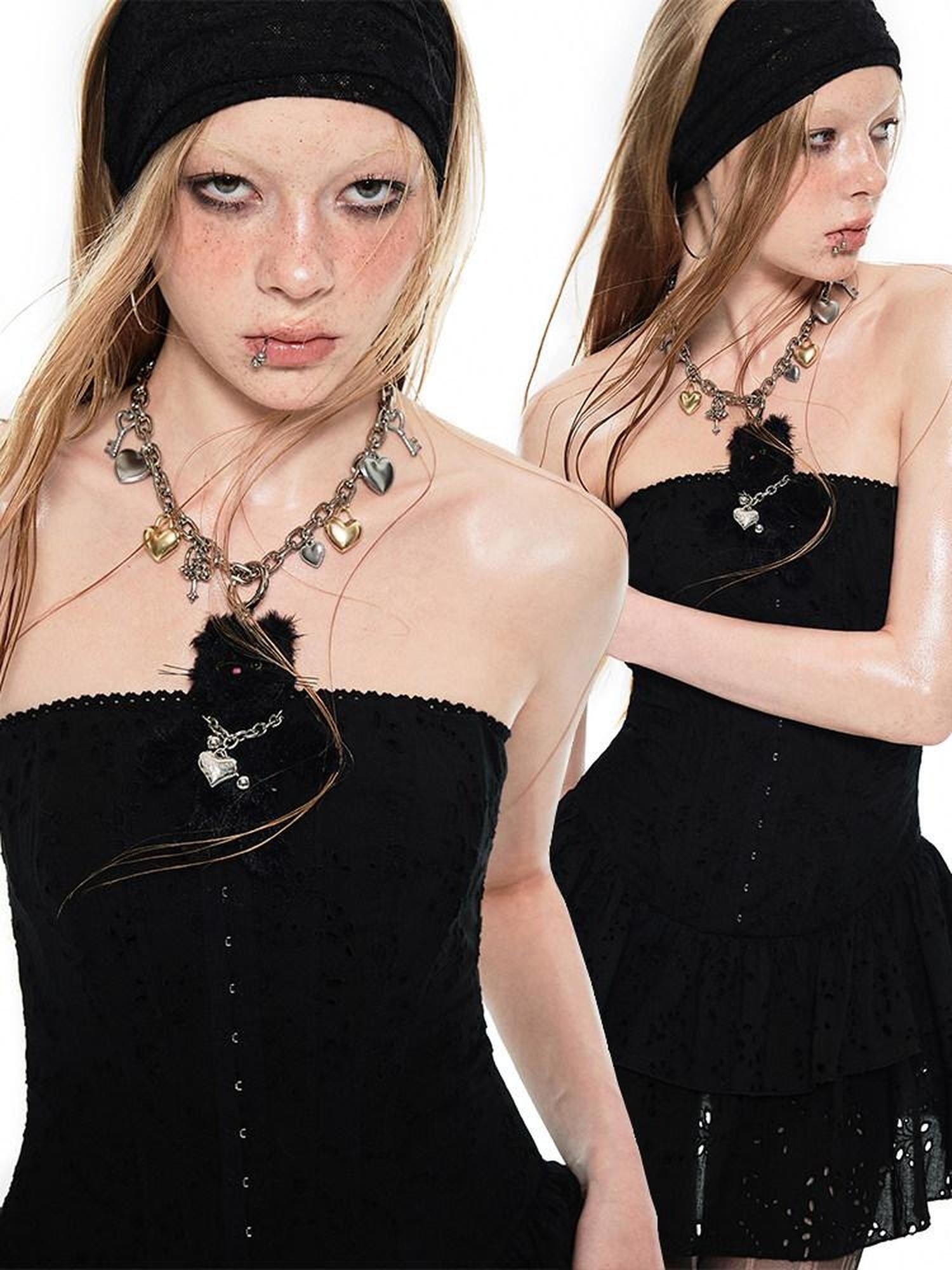 1JINN STUDIO Sweet Lace Strapless Cinched Waist Fitted Jacquard Tiered Cotton Mini Dresses