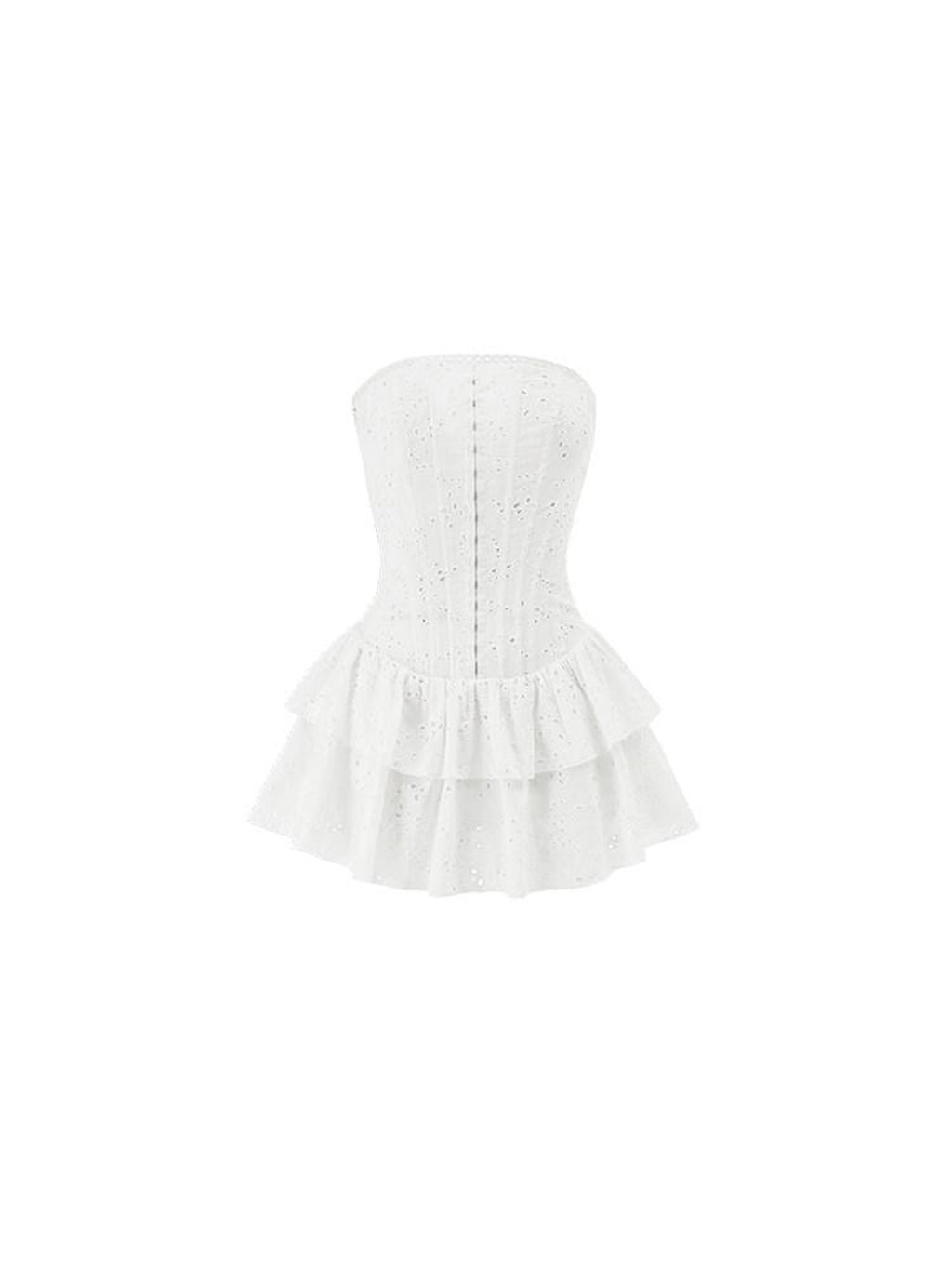 1JINN STUDIO Sweet Lace Strapless Cinched Waist Fitted Jacquard Tiered Cotton Mini Dresses