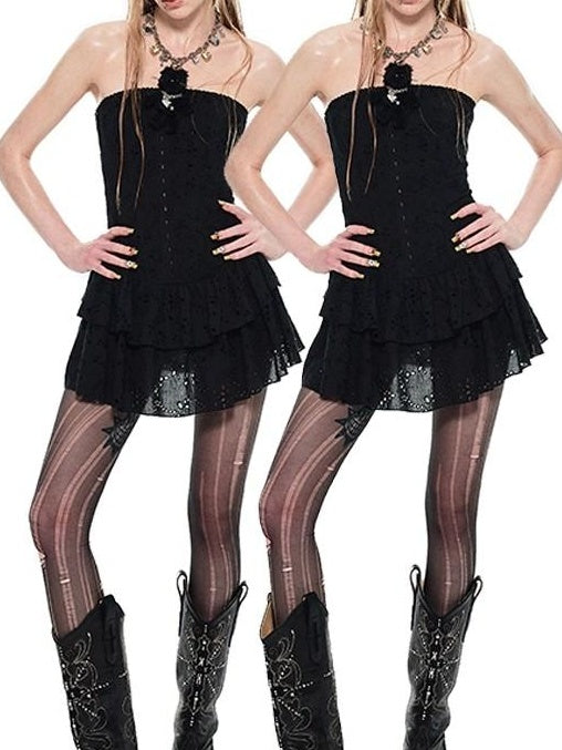1JINN STUDIO Sweet Lace Strapless Cinched Waist Fitted Jacquard Tiered Cotton Mini Dresses