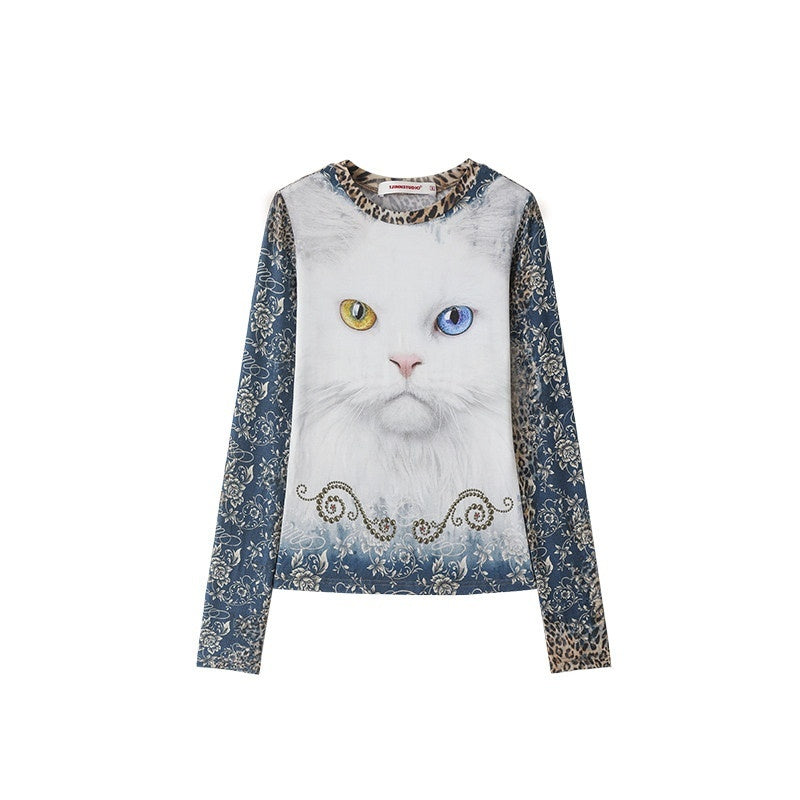 1JINN_STUDIO_Sweet_Slim_Waist_Round_Neck_Cat_Print_Women_Viscose_Long_Sleeve_T-Shirts_MISSTT