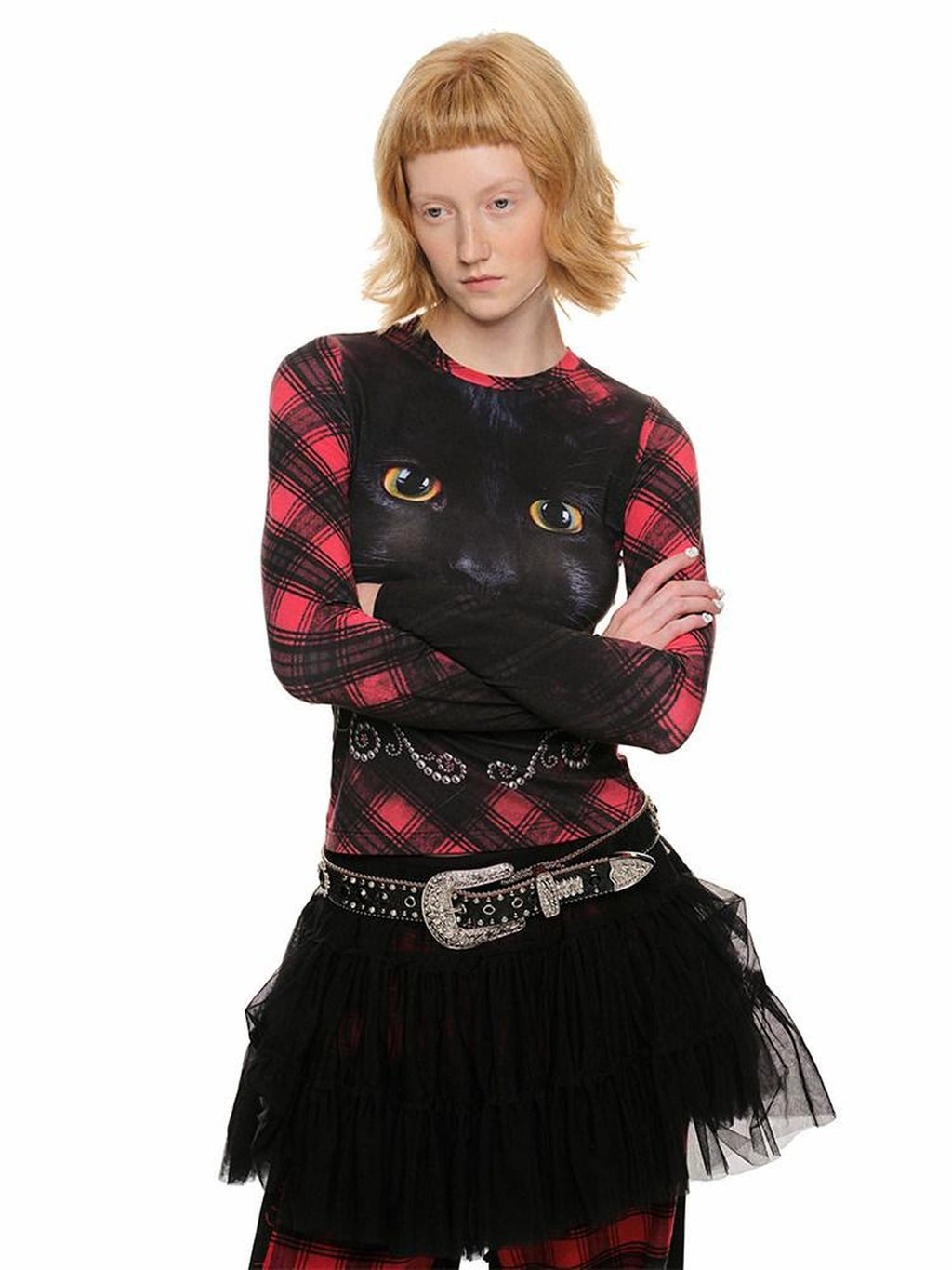 1JINN STUDIO Sweet Slim Waist Round Neck Cat Print Women Viscose Long Sleeve T-Shirts