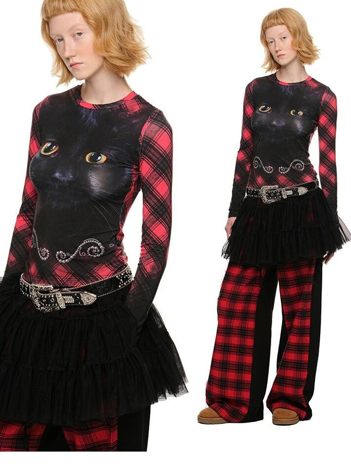 1JINN STUDIO Sweet Slim Waist Round Neck Cat Print Women Viscose Long Sleeve T-Shirts