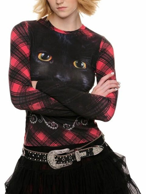 1JINN STUDIO Sweet Slim Waist Round Neck Cat Print Women Viscose Long Sleeve T-Shirts