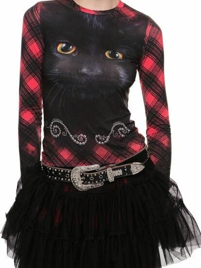1JINN STUDIO Sweet Slim Waist Round Neck Cat Print Women Viscose Long Sleeve T-Shirts