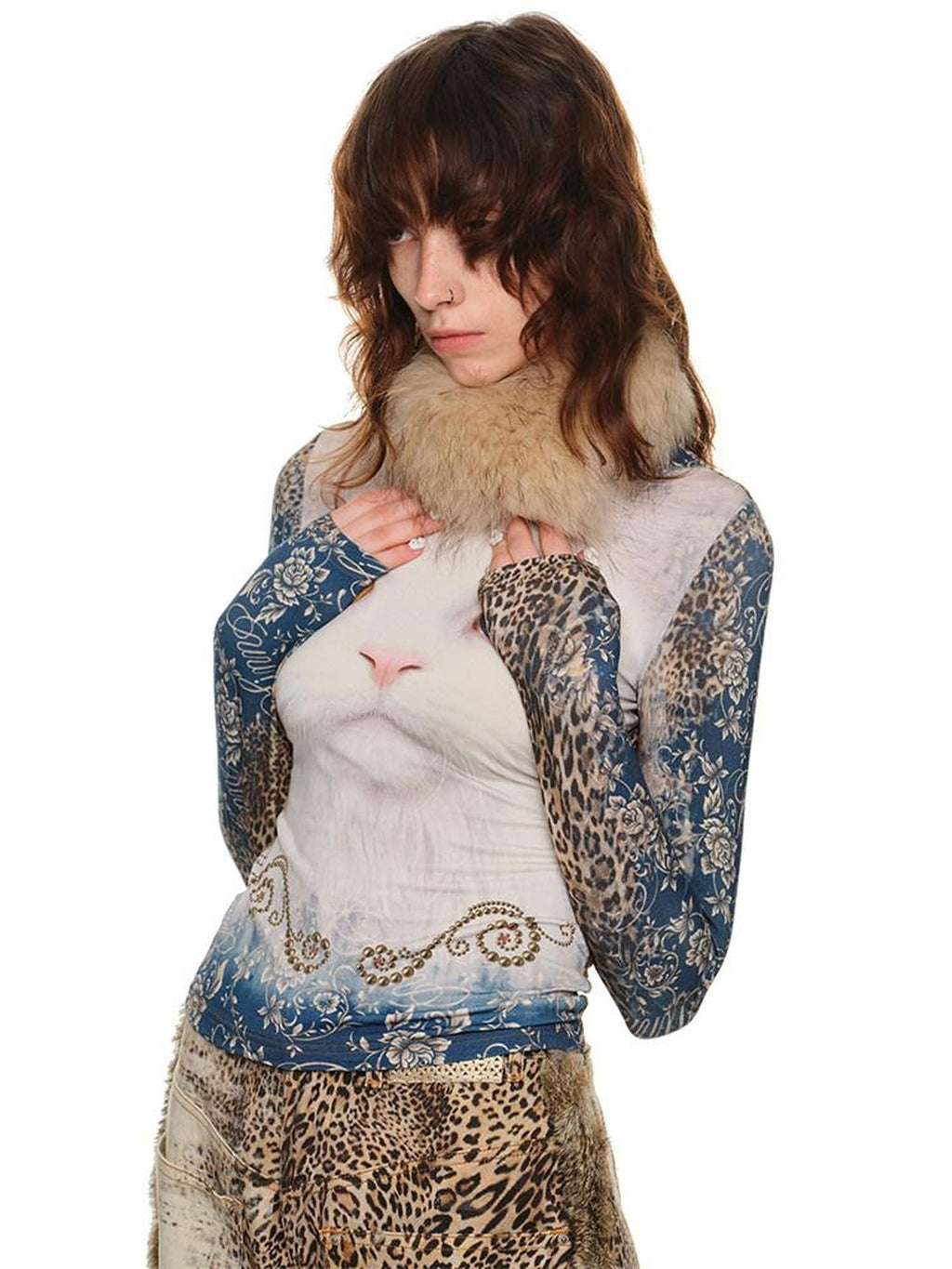 1JINN STUDIO Sweet Slim Waist Round Neck Cat Print Women Viscose Long Sleeve T-Shirts