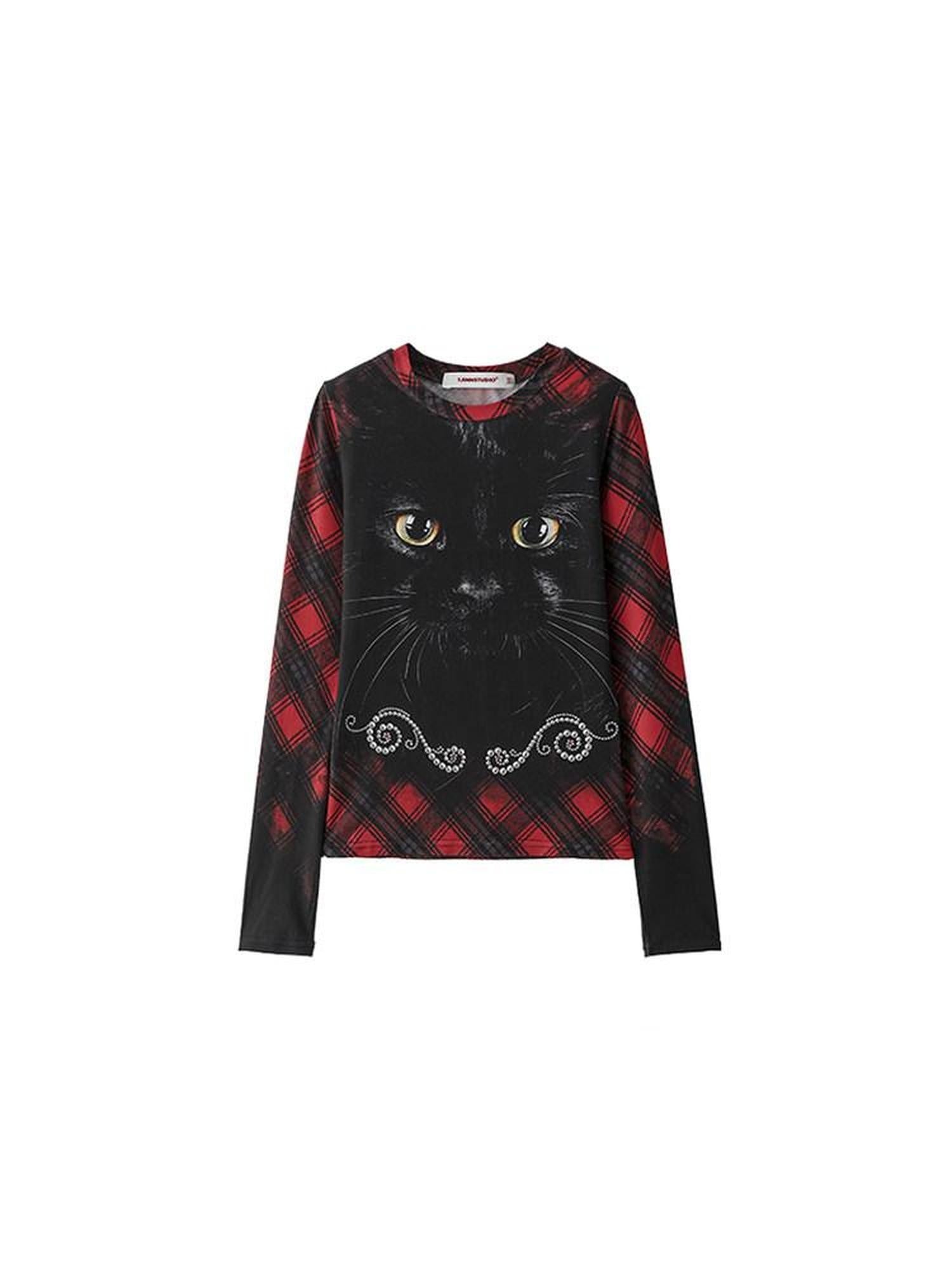 1JINN STUDIO Sweet Slim Waist Round Neck Cat Print Women Viscose Long Sleeve T-Shirts