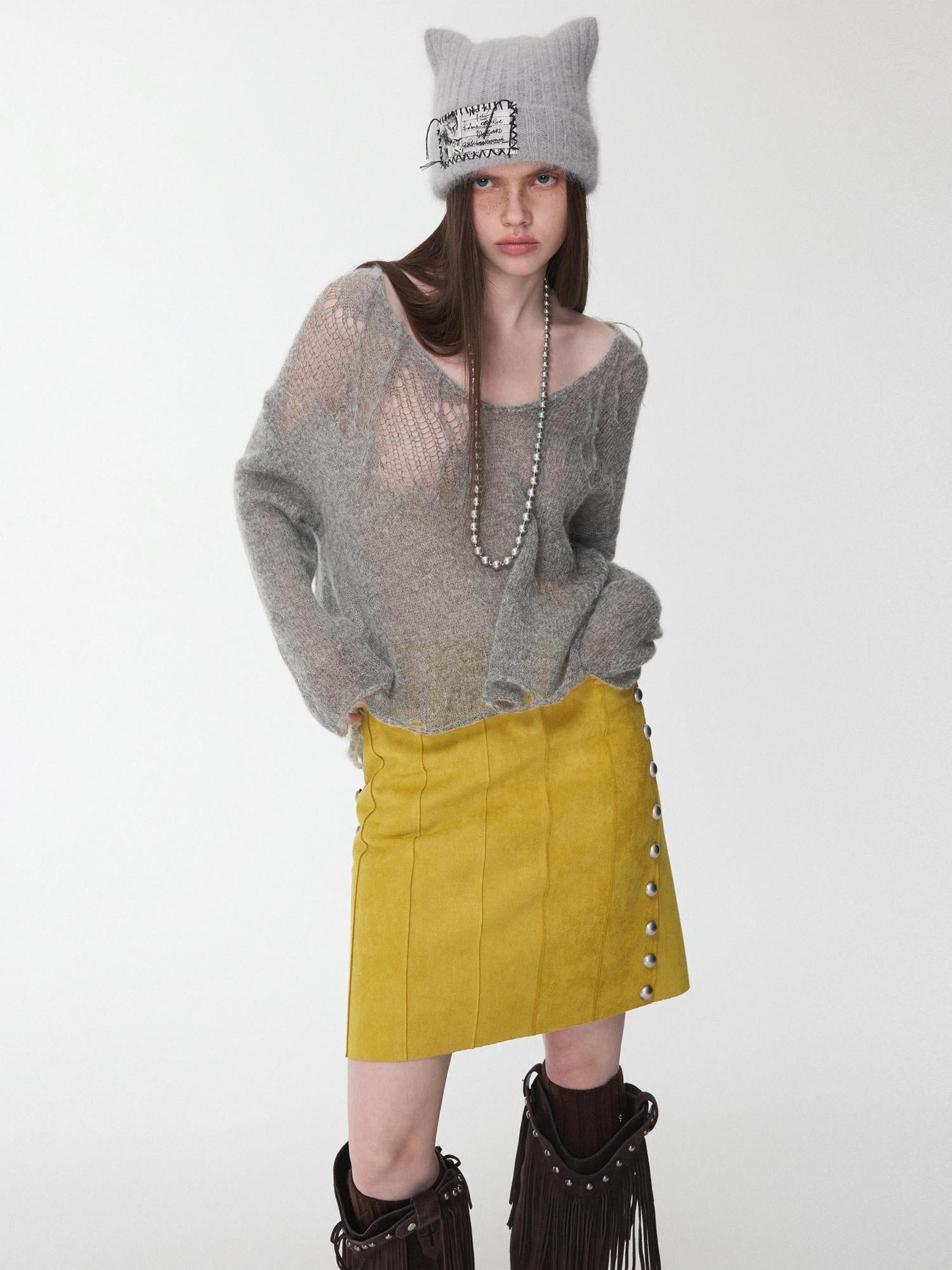 1JINN STUDIO Thermal Polka Dot Round Neck Buttoned Relaxed Fit Women Pullover Knit Sweaters