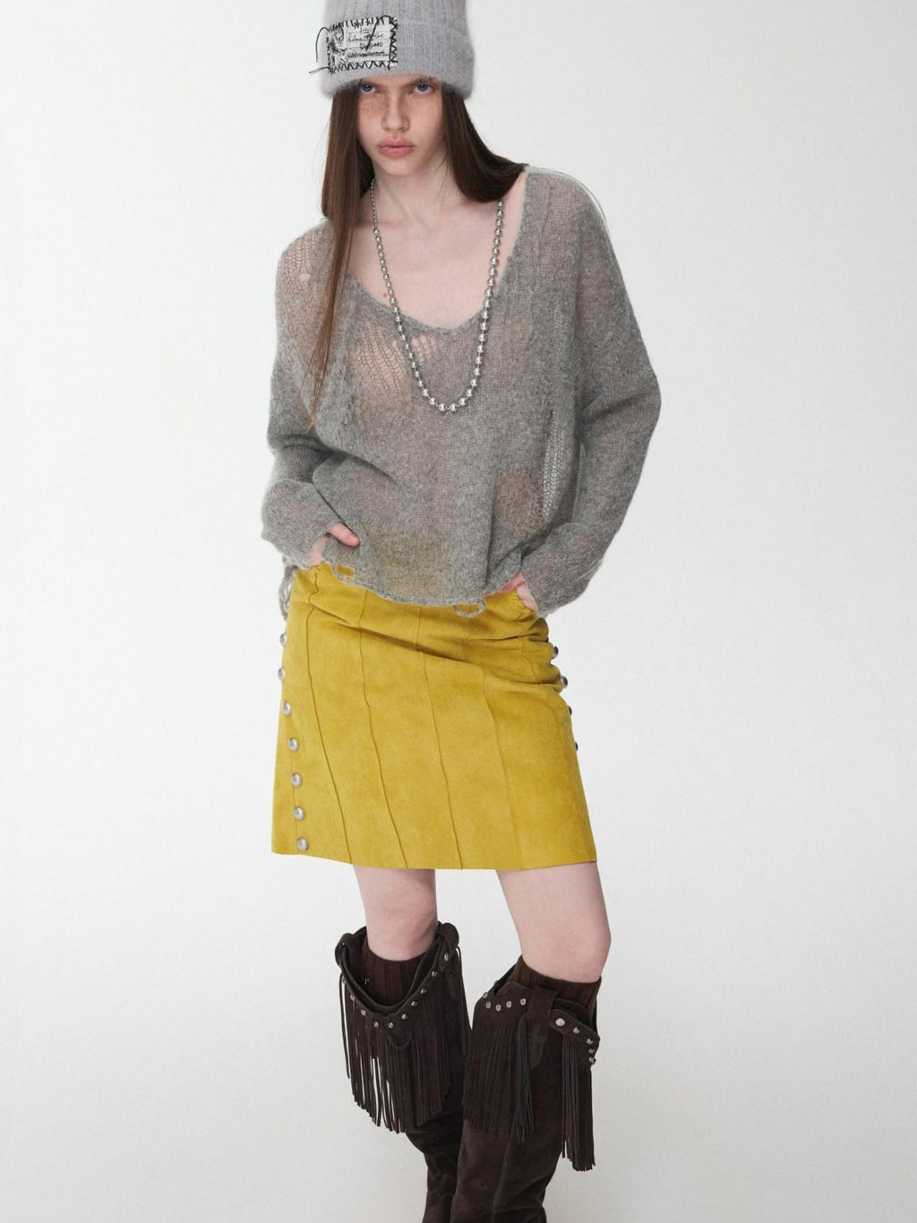 1JINN STUDIO Thermal Polka Dot Round Neck Buttoned Relaxed Fit Women Pullover Knit Sweaters