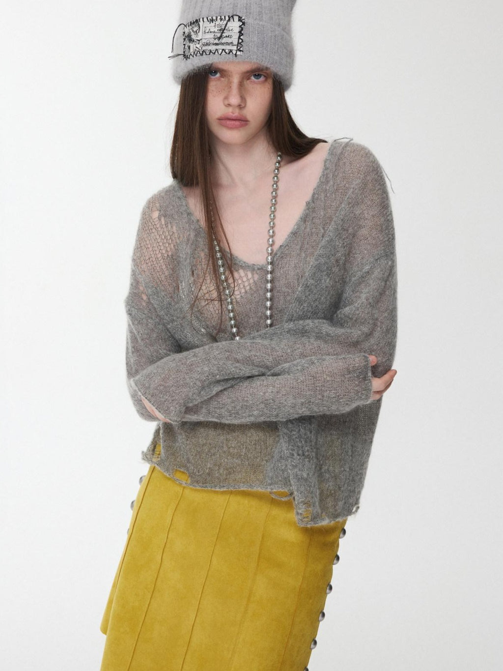 1JINN STUDIO Thermal Polka Dot Round Neck Buttoned Relaxed Fit Women Pullover Knit Sweaters