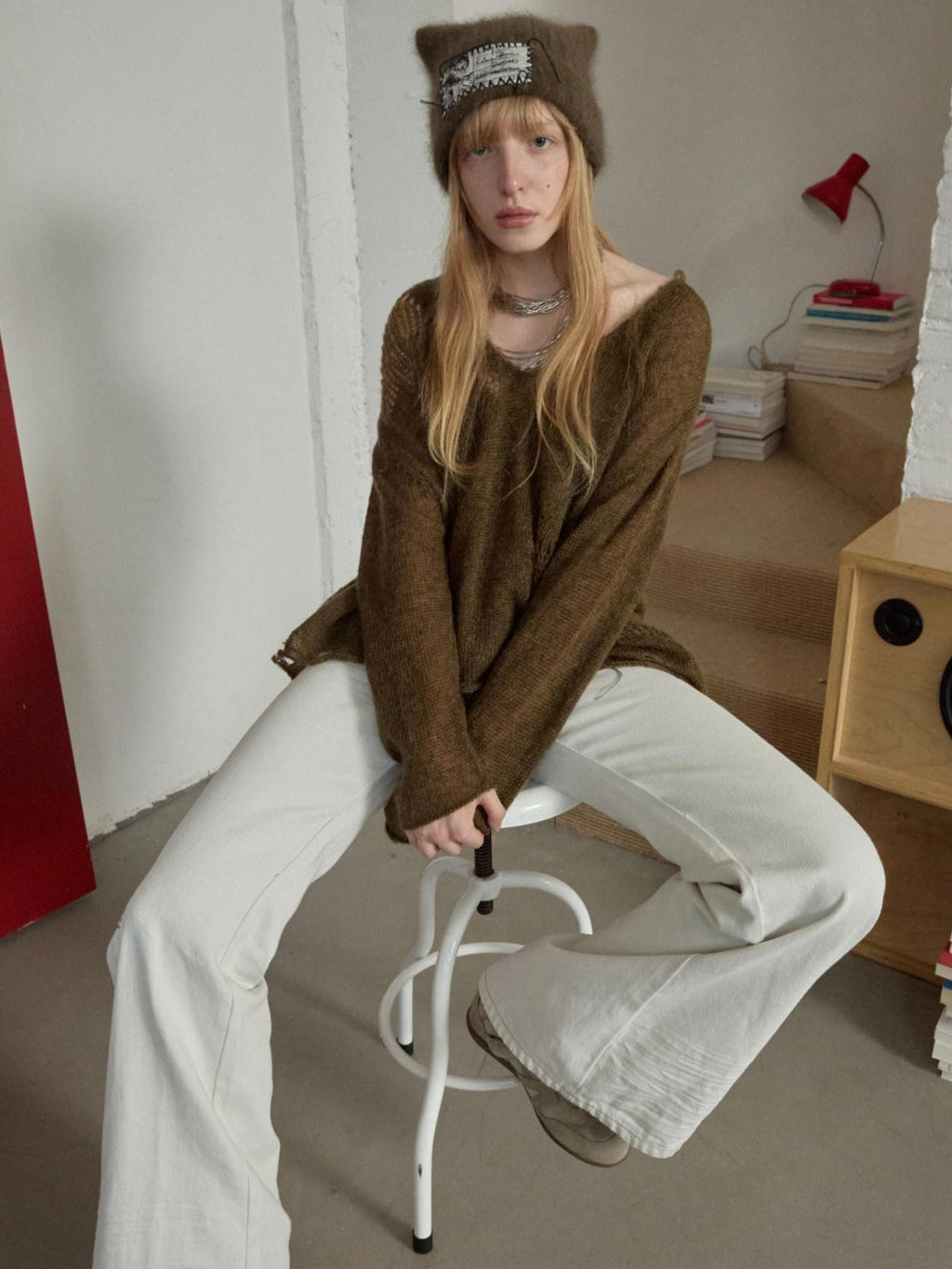 1JINN STUDIO Thermal Polka Dot Round Neck Buttoned Relaxed Fit Women Pullover Knit Sweaters