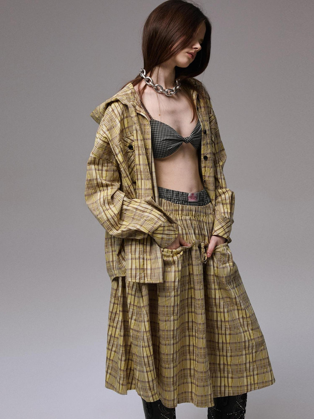 1JINN STUDIO Three Piece Plaid Straight Fit Casual Women Preppy School Chic Top & Skirt Sets
