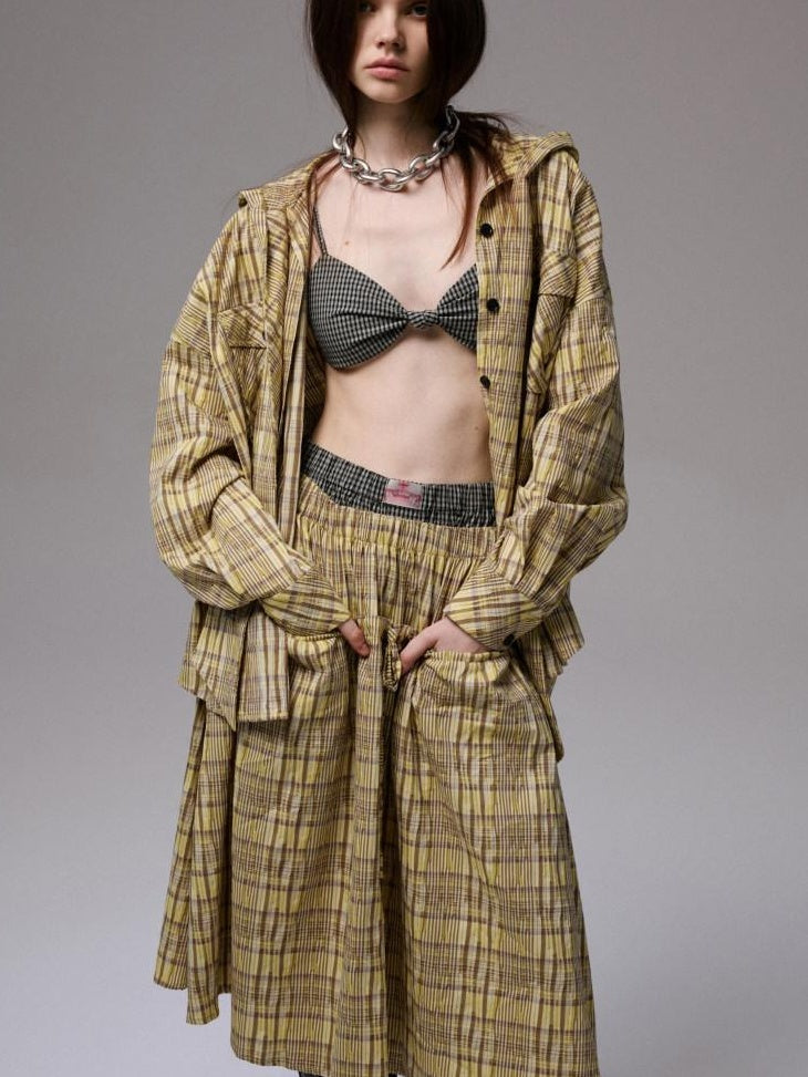 1JINN STUDIO Three Piece Plaid Straight Fit Casual Women Preppy School Chic Top & Skirt Sets