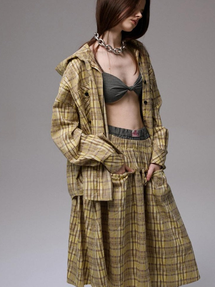 1JINN STUDIO Three Piece Plaid Straight Fit Casual Women Preppy School Chic Top & Skirt Sets