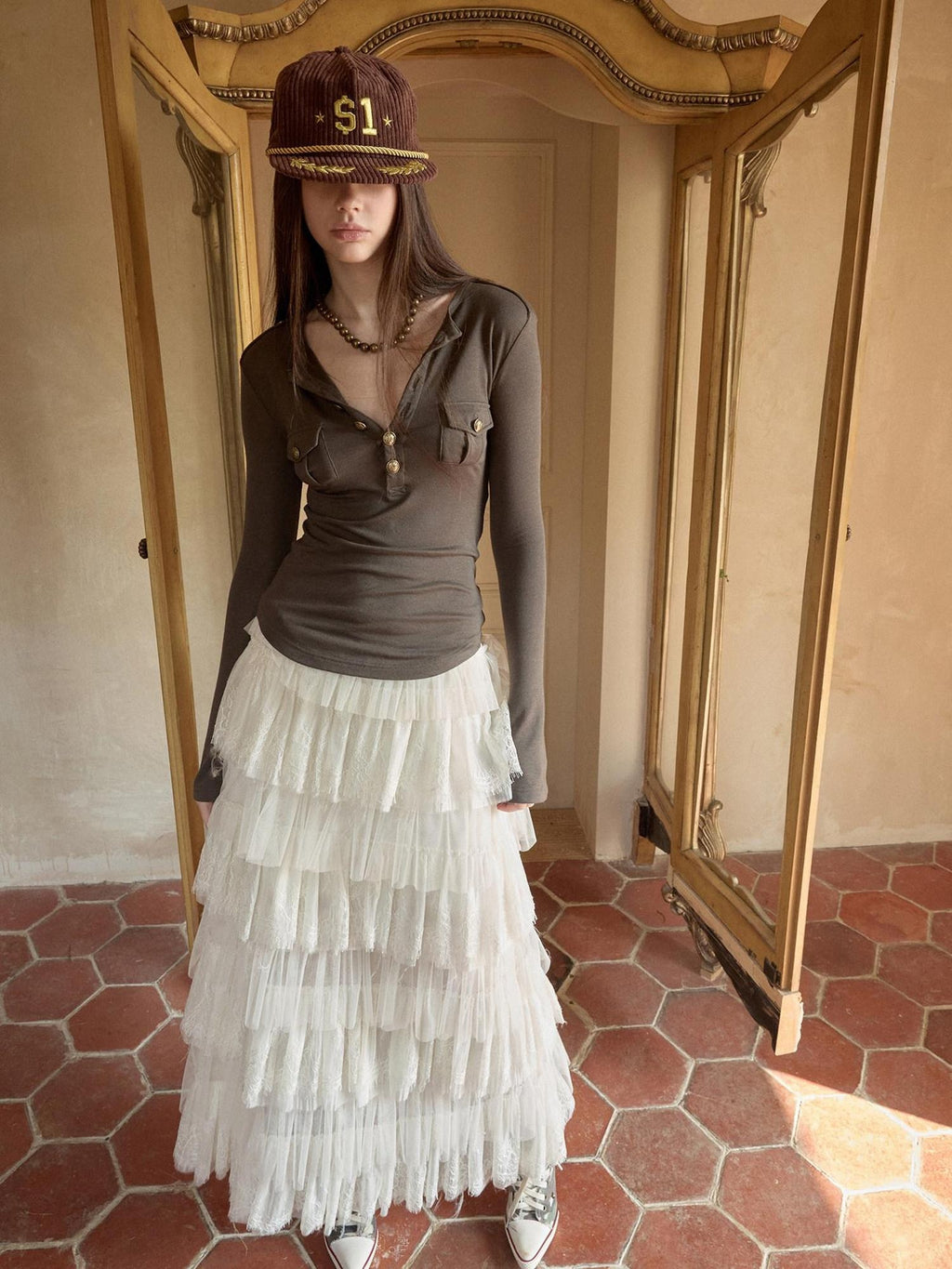 1JINN STUDIO Tiered Spliced Low Waist Casual Loose Nylon Polyester Blend Women Maxi Skirts