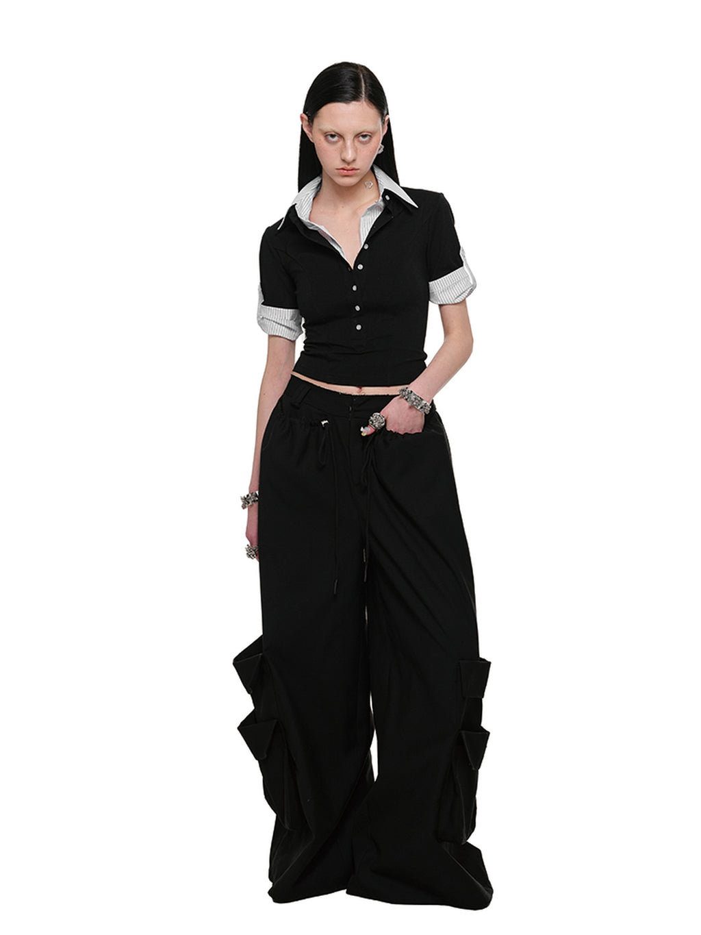 1JINN STUDIO Utility Pocket Drawstring Commuter Loose Women Polyester Viscose Wide Leg Pants