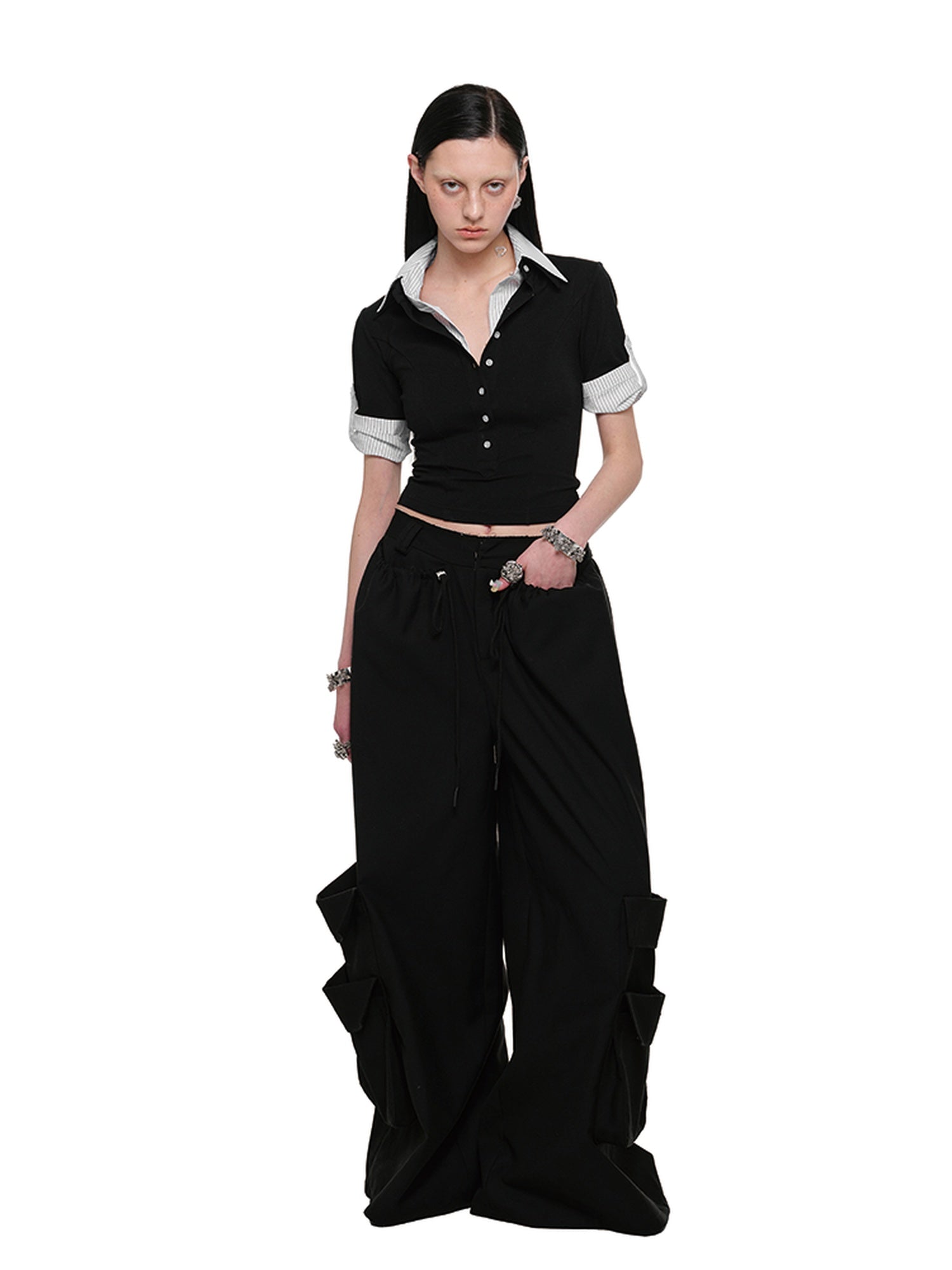 1JINN STUDIO Utility Pocket Drawstring Commuter Loose Women Polyester Viscose Wide Leg Pants
