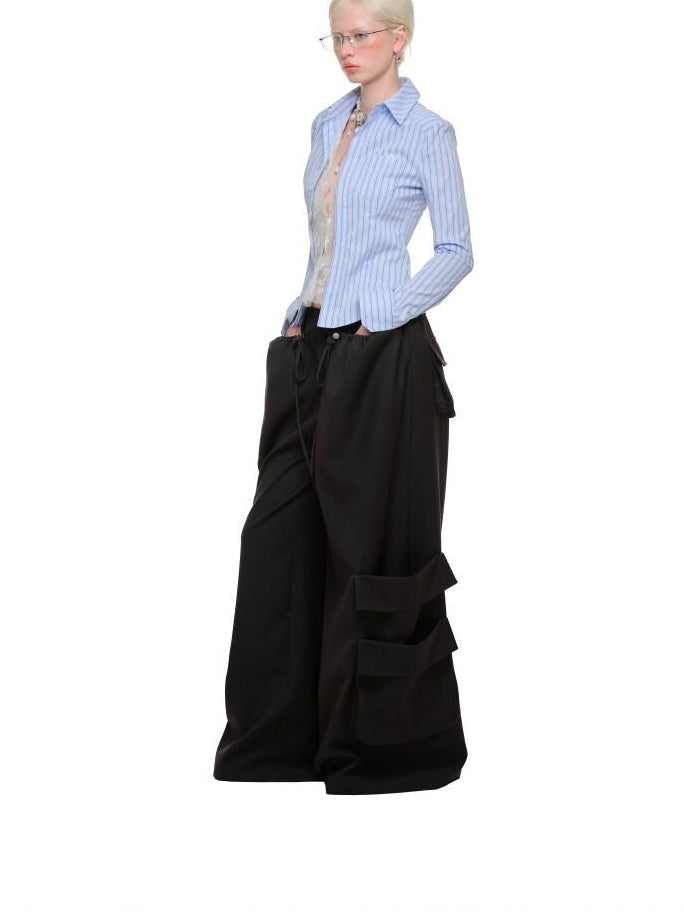 1JINN STUDIO Utility Pocket Drawstring Commuter Loose Women Polyester Viscose Wide Leg Pants