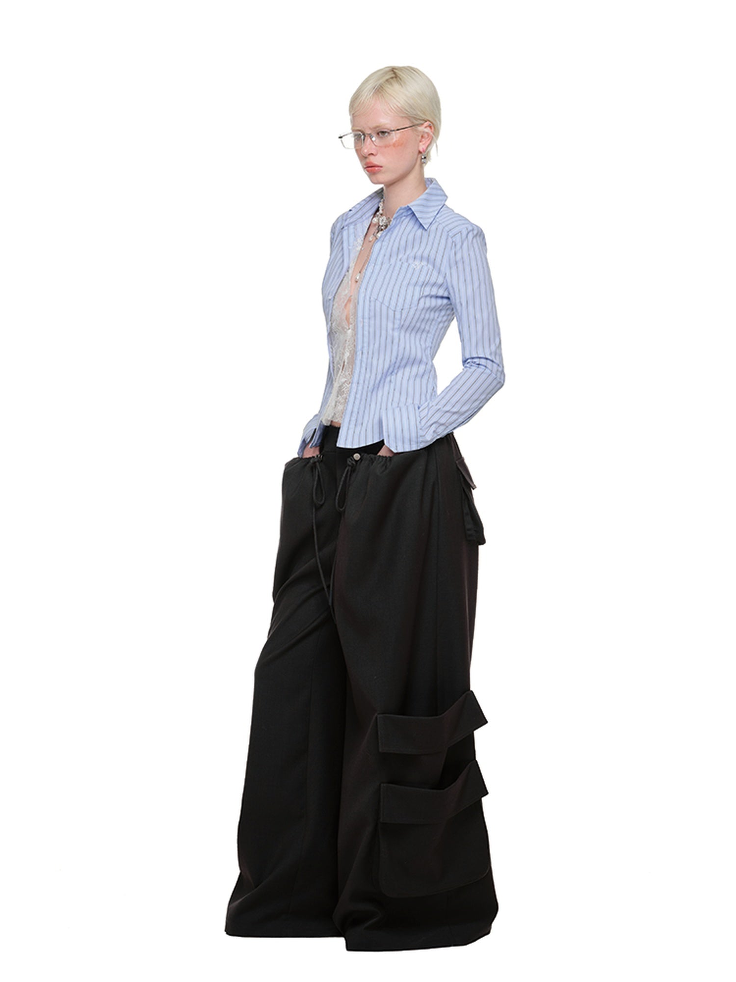 1JINN STUDIO Utility Pocket Drawstring Commuter Loose Women Polyester Viscose Wide Leg Pants