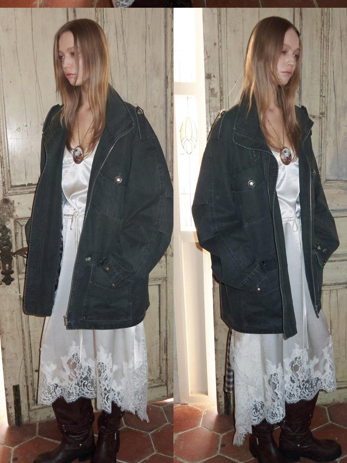 1JINN STUDIO Utility Pockets Mid Length Zipper Cotton Workwear Women Dark Grey Trench Coats
