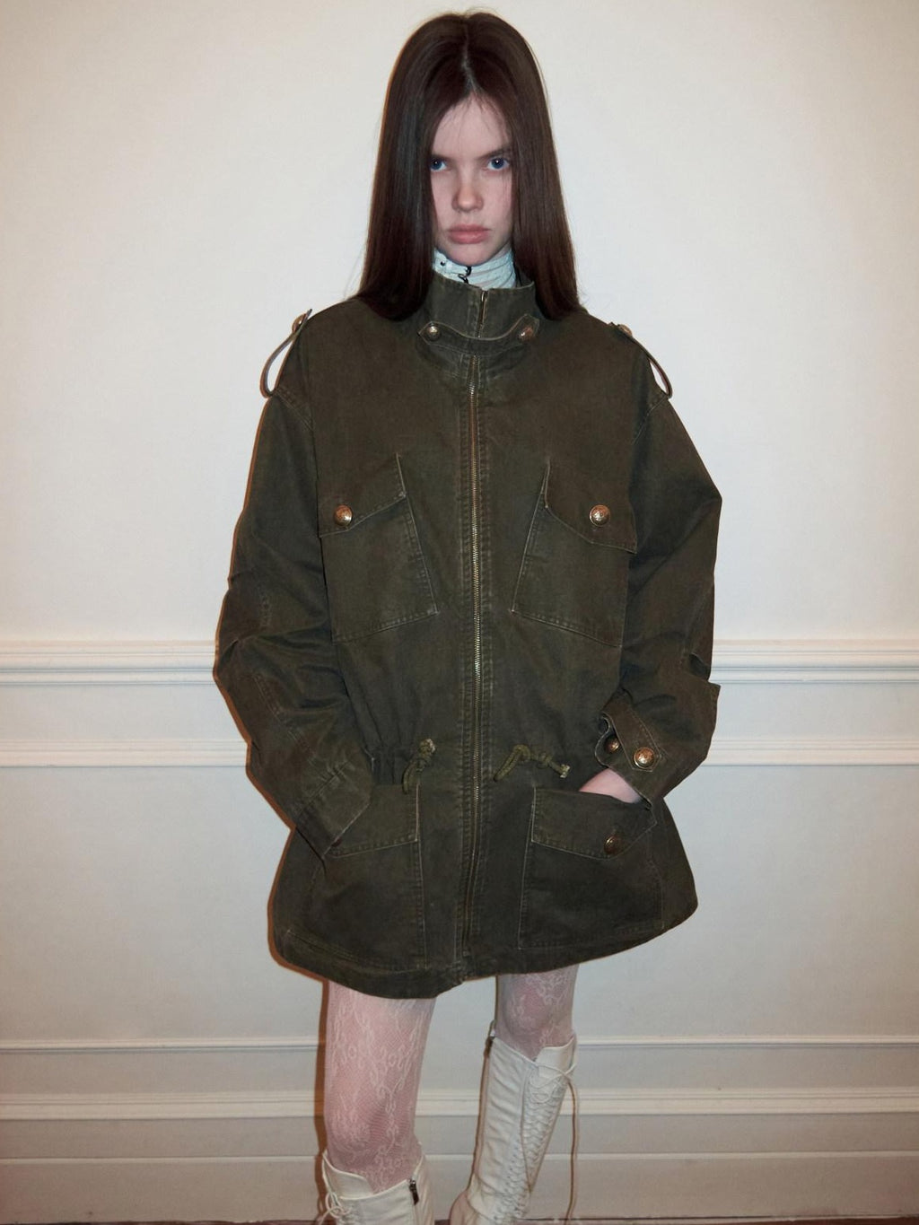 1JINN STUDIO Utility Pockets Mid Length Zipper Cotton Workwear Women Dark Grey Trench Coats