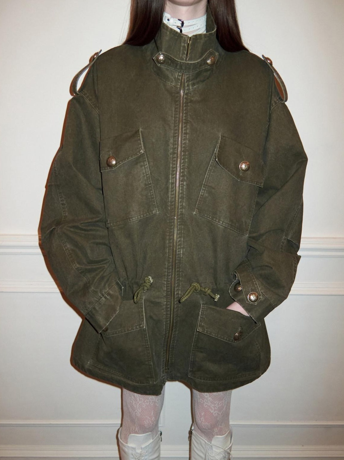 1JINN STUDIO Utility Pockets Mid Length Zipper Cotton Workwear Women Dark Grey Trench Coats