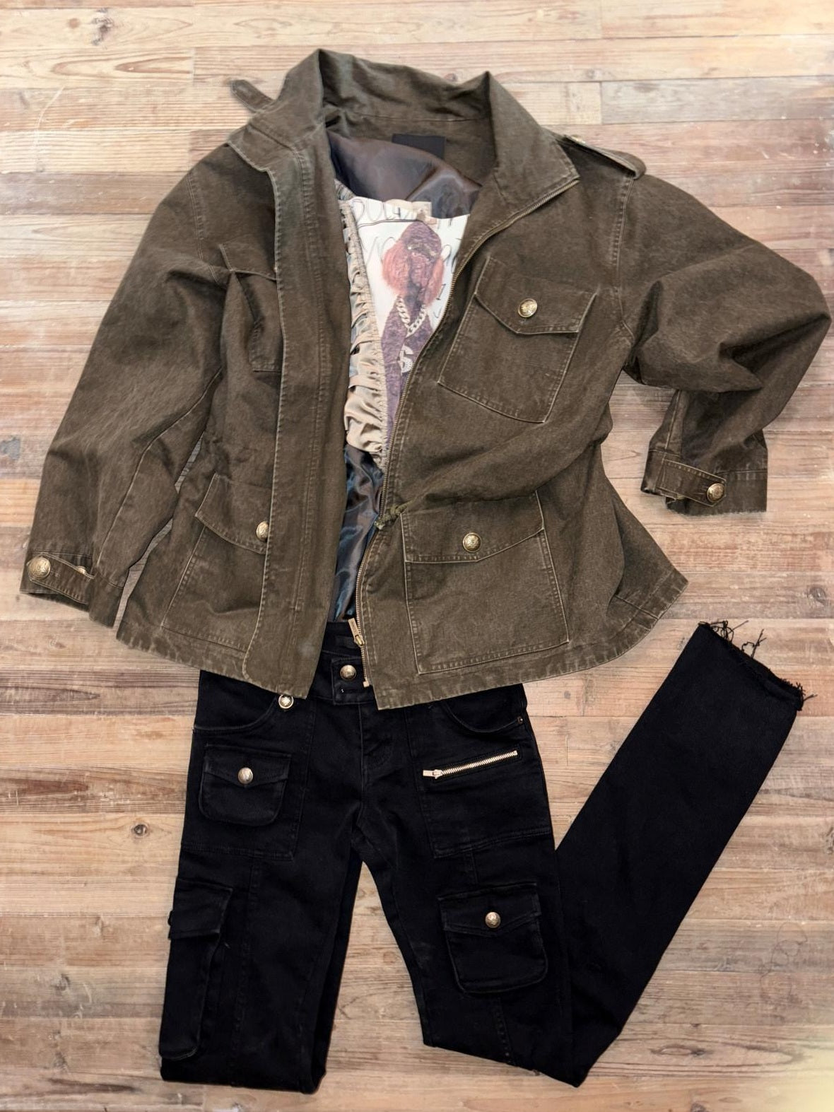 1JINN STUDIO Utility Pockets Mid Length Zipper Cotton Workwear Women Dark Grey Trench Coats