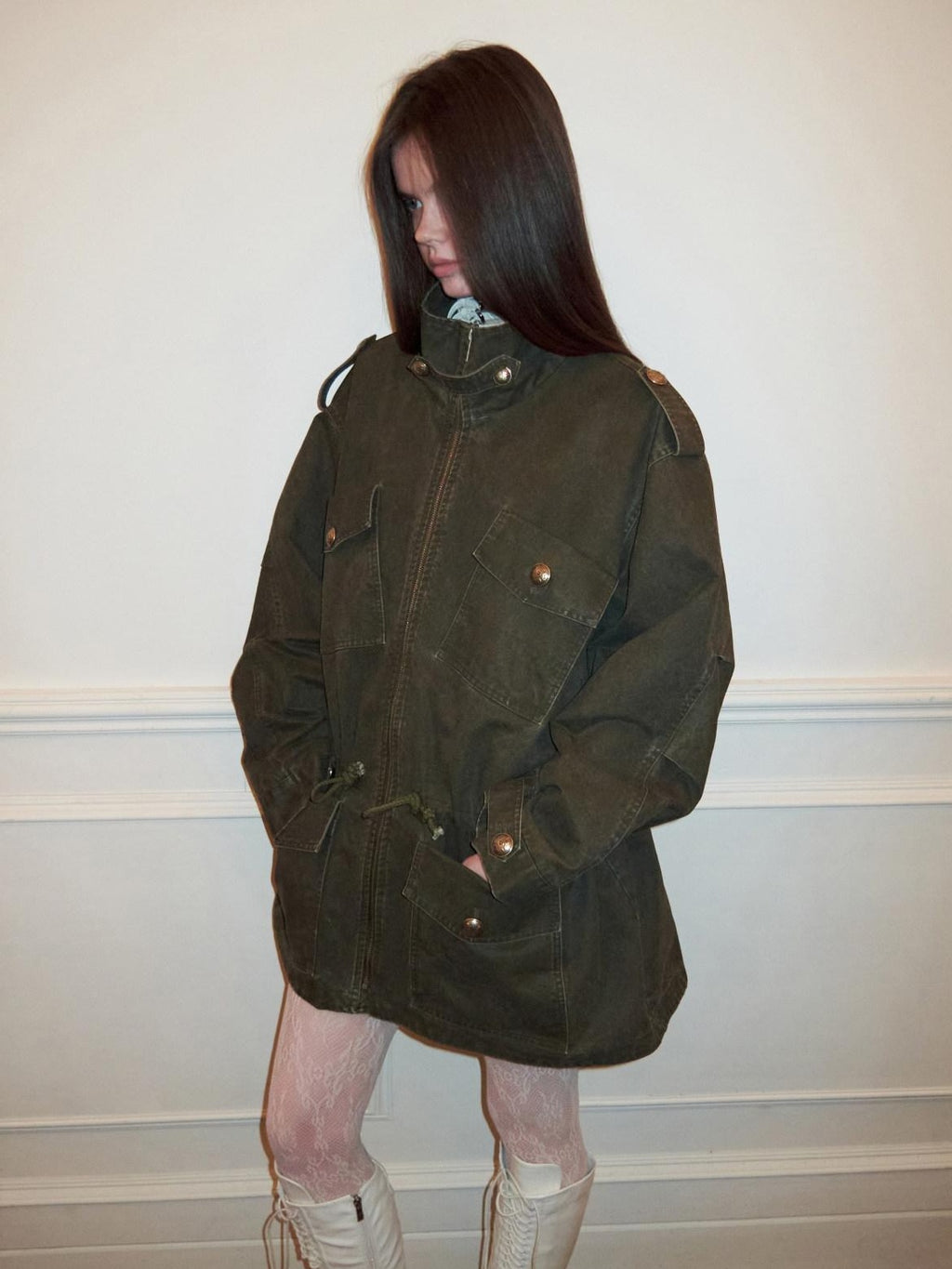 1JINN STUDIO Utility Pockets Mid Length Zipper Cotton Workwear Women Dark Grey Trench Coats