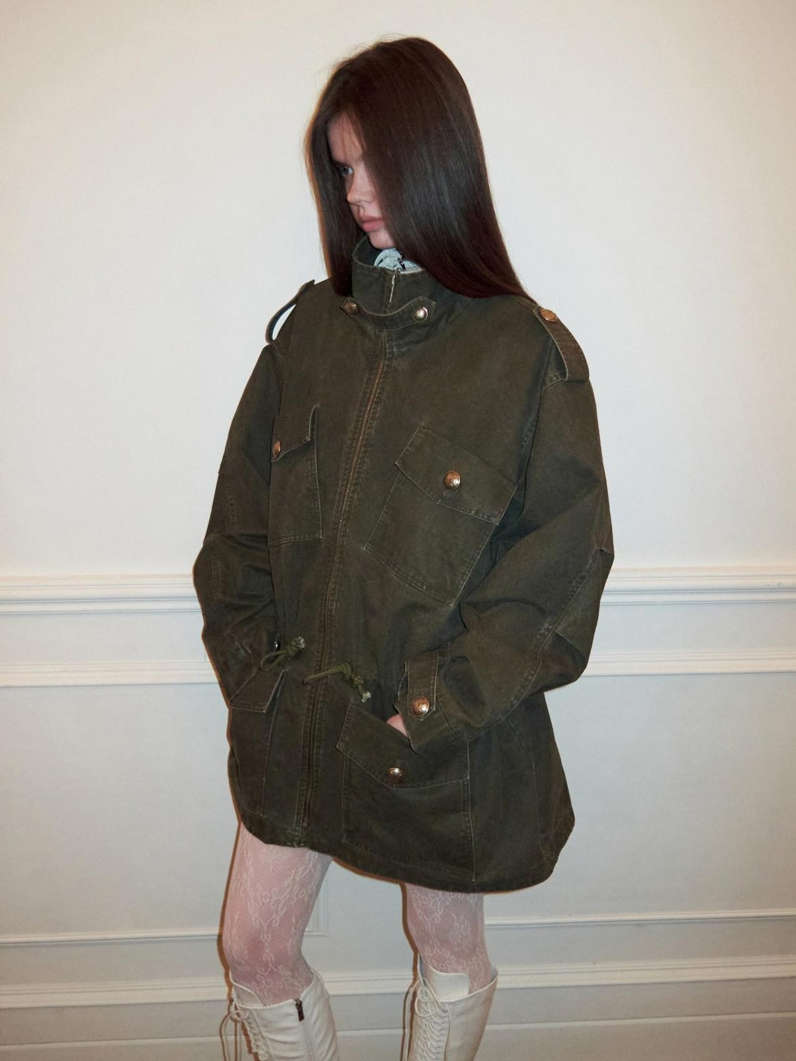 1JINN STUDIO Utility Pockets Mid Length Zipper Cotton Workwear Women Dark Grey Trench Coats