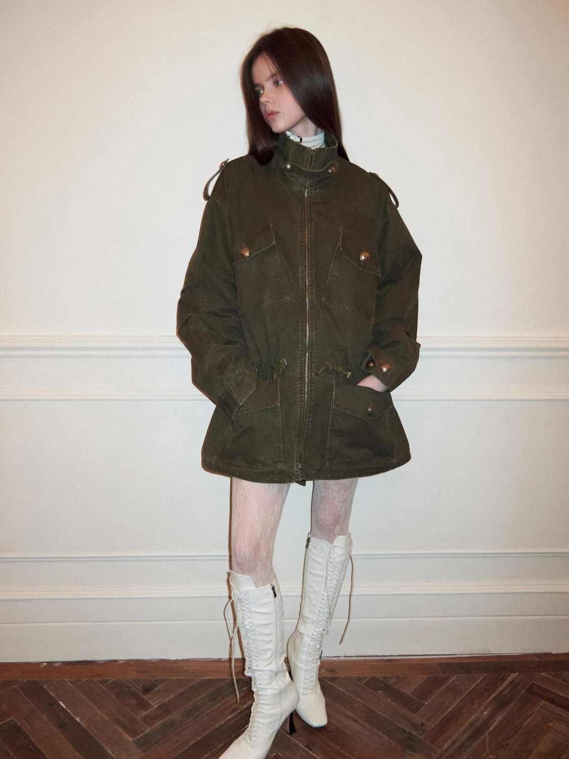 1JINN STUDIO Utility Pockets Mid Length Zipper Cotton Workwear Women Dark Grey Trench Coats