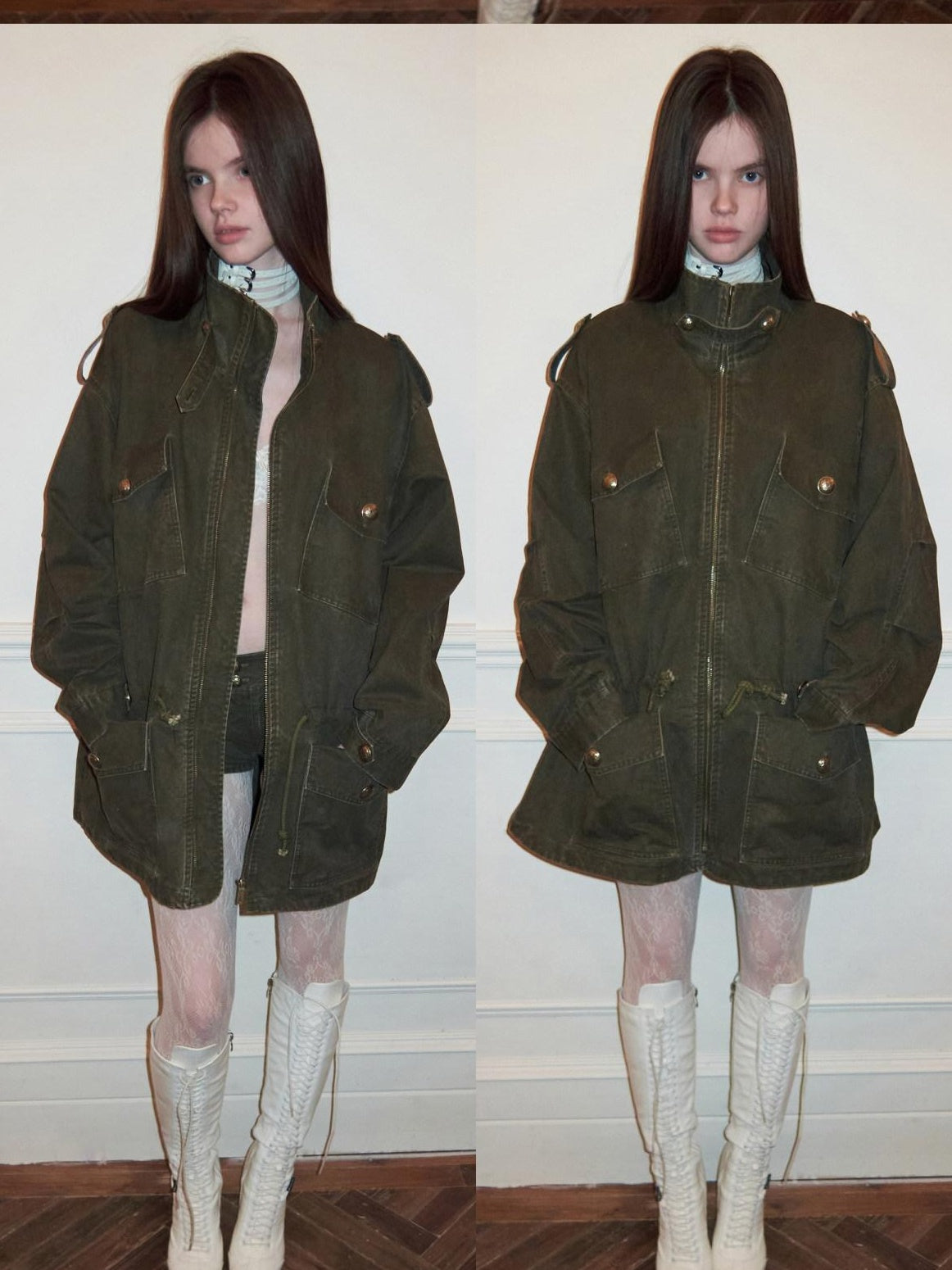 1JINN STUDIO Utility Pockets Mid Length Zipper Cotton Workwear Women Dark Grey Trench Coats