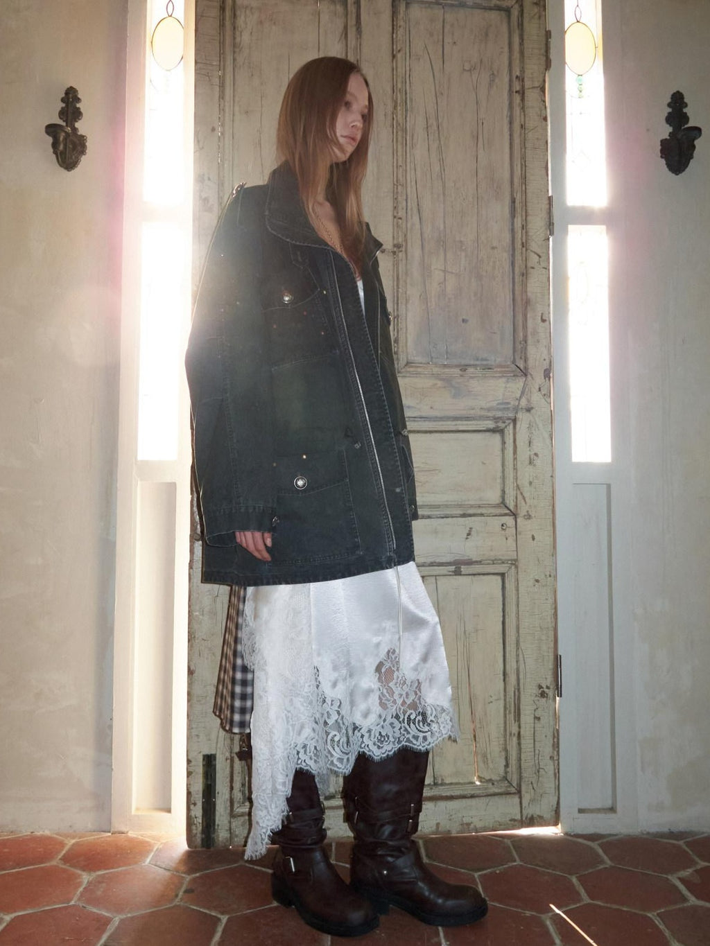 1JINN STUDIO Utility Pockets Mid Length Zipper Cotton Workwear Women Dark Grey Trench Coats