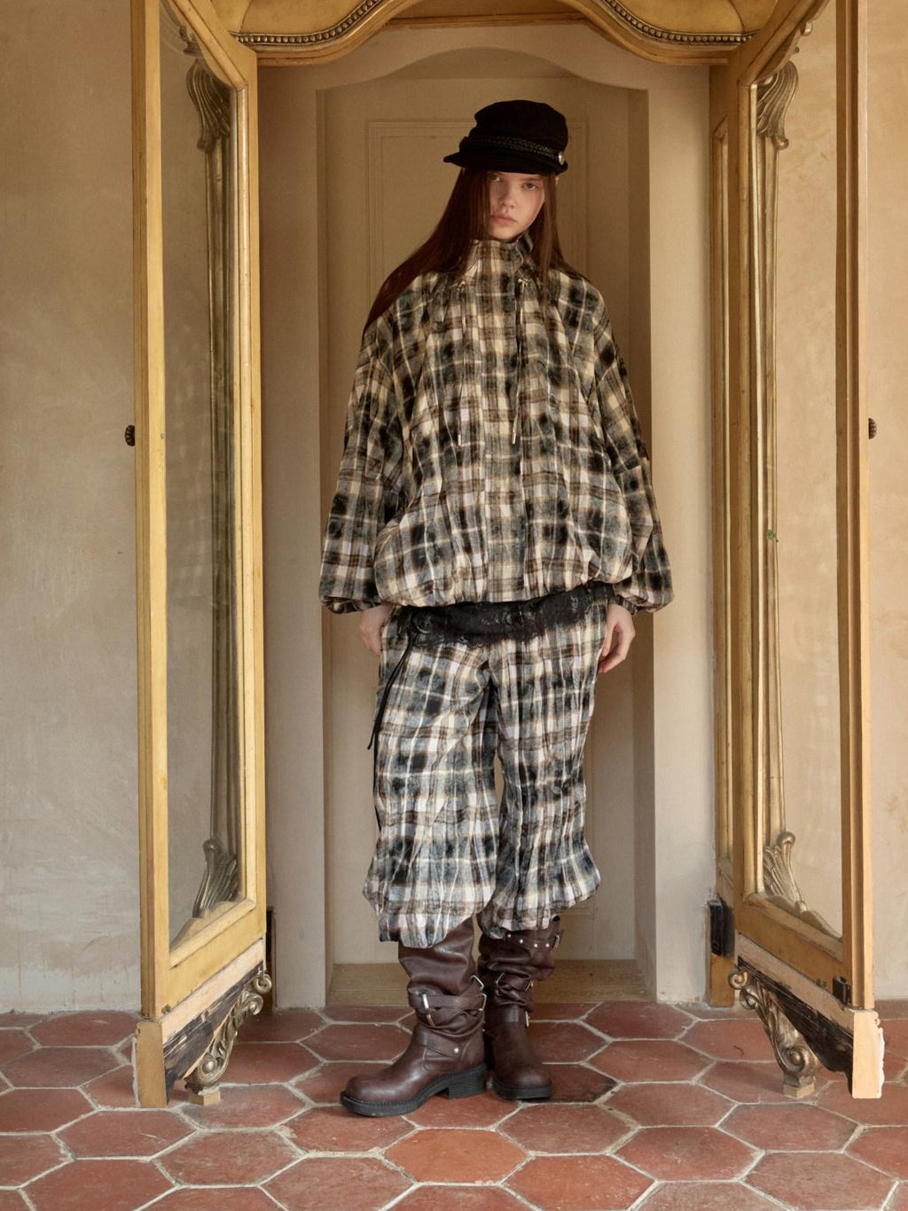1JINN STUDIO Uv Protective Crushed Plaid Oversized Stand Collar Zipper Women Trench Coats