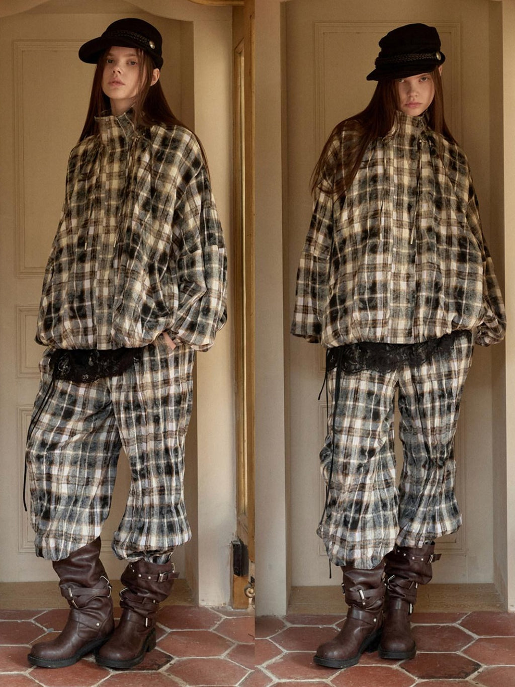 1JINN STUDIO Uv Protective Crushed Plaid Oversized Stand Collar Zipper Women Trench Coats