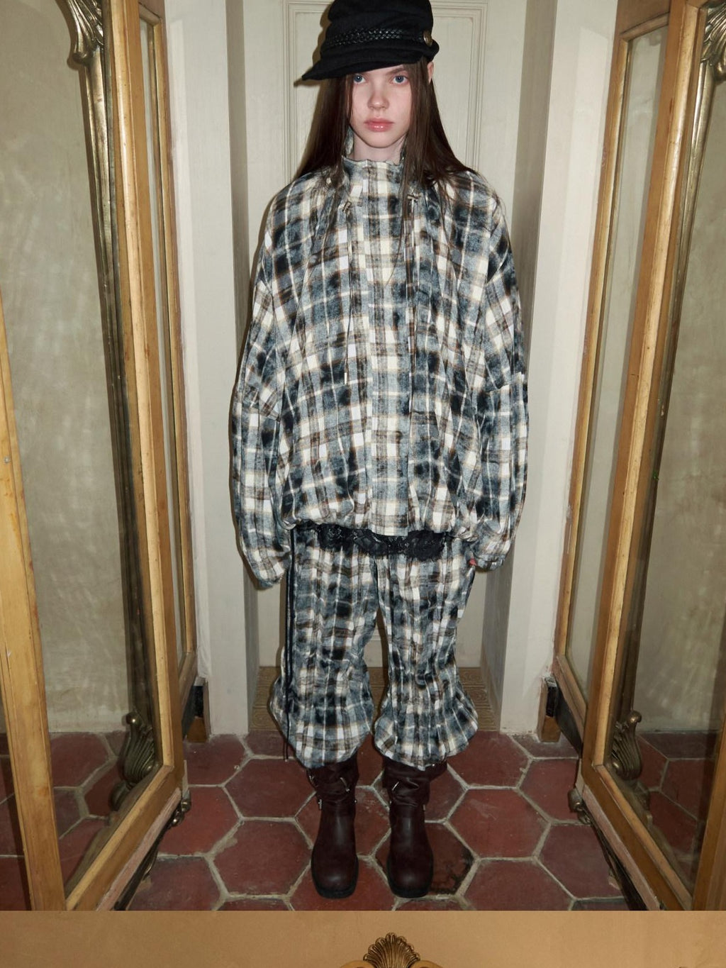 1JINN STUDIO Uv Protective Crushed Plaid Oversized Stand Collar Zipper Women Trench Coats