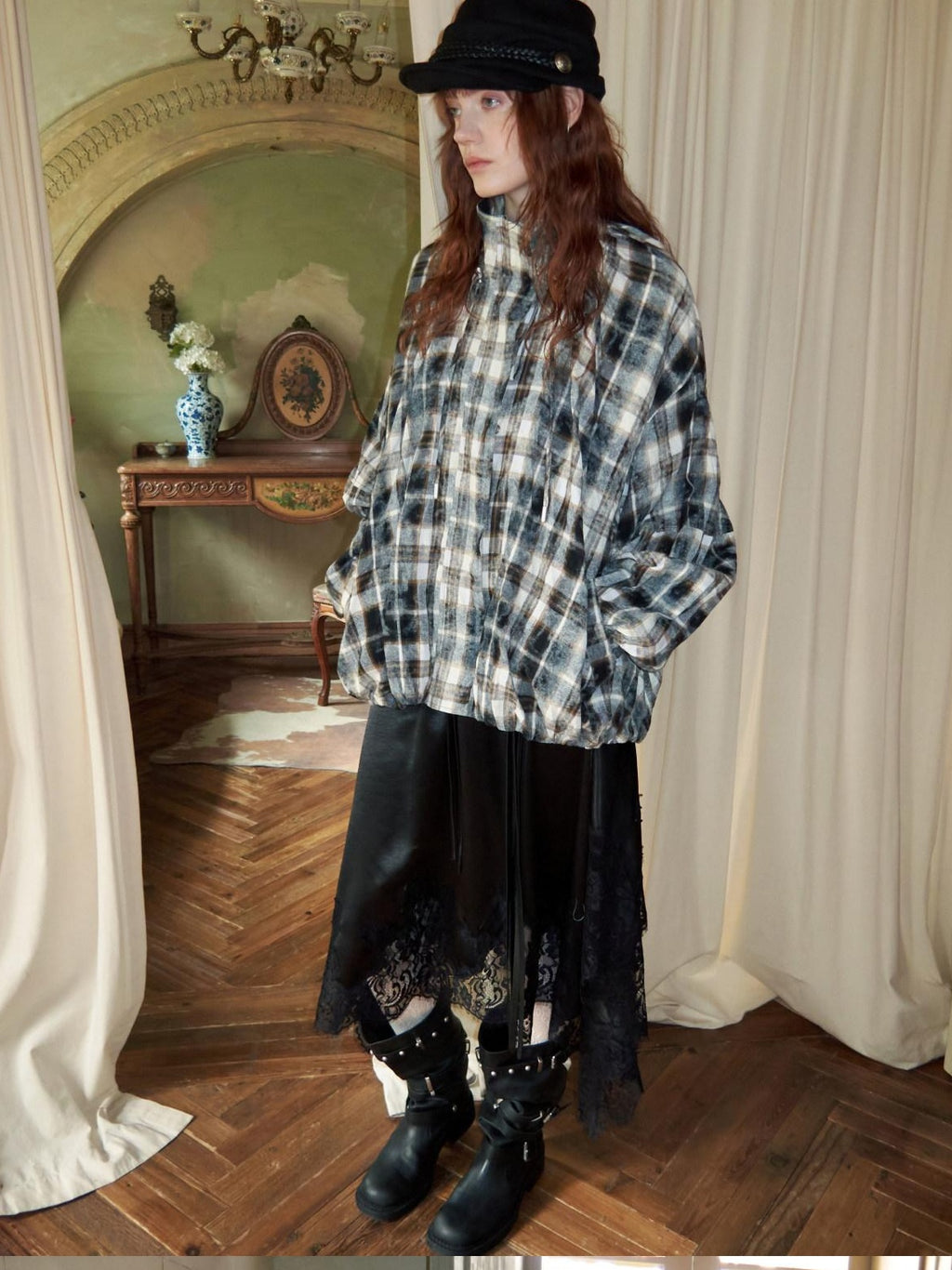 1JINN STUDIO Uv Protective Crushed Plaid Oversized Stand Collar Zipper Women Trench Coats