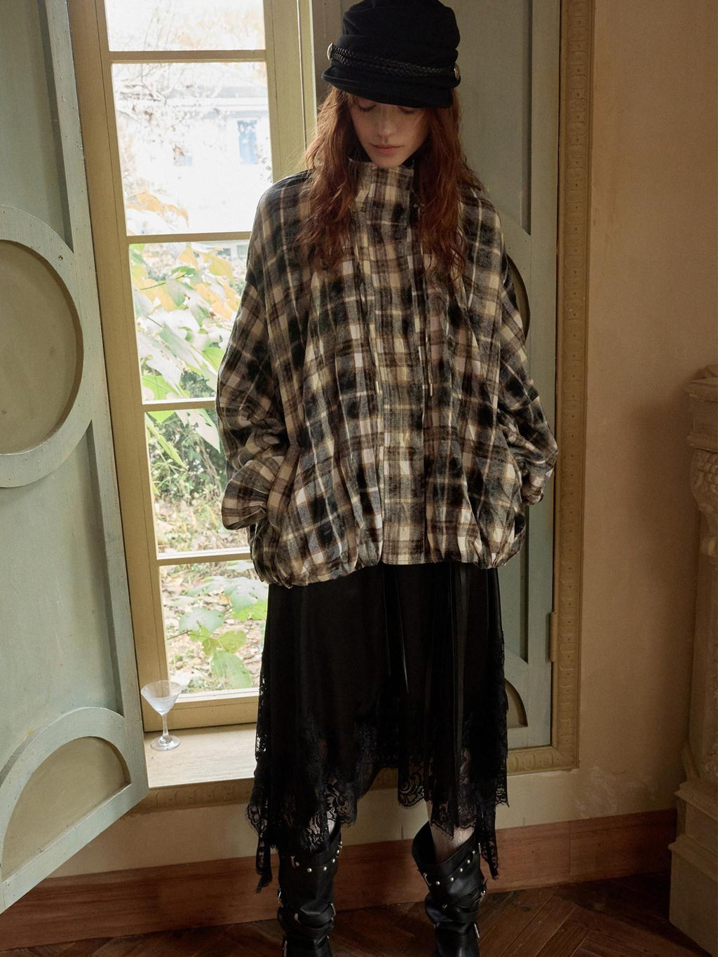 1JINN STUDIO Uv Protective Crushed Plaid Oversized Stand Collar Zipper Women Trench Coats