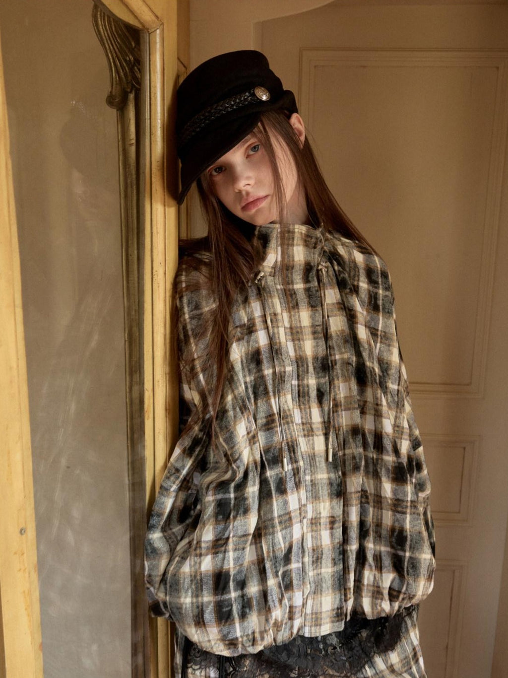 1JINN STUDIO Uv Protective Crushed Plaid Oversized Stand Collar Zipper Women Trench Coats