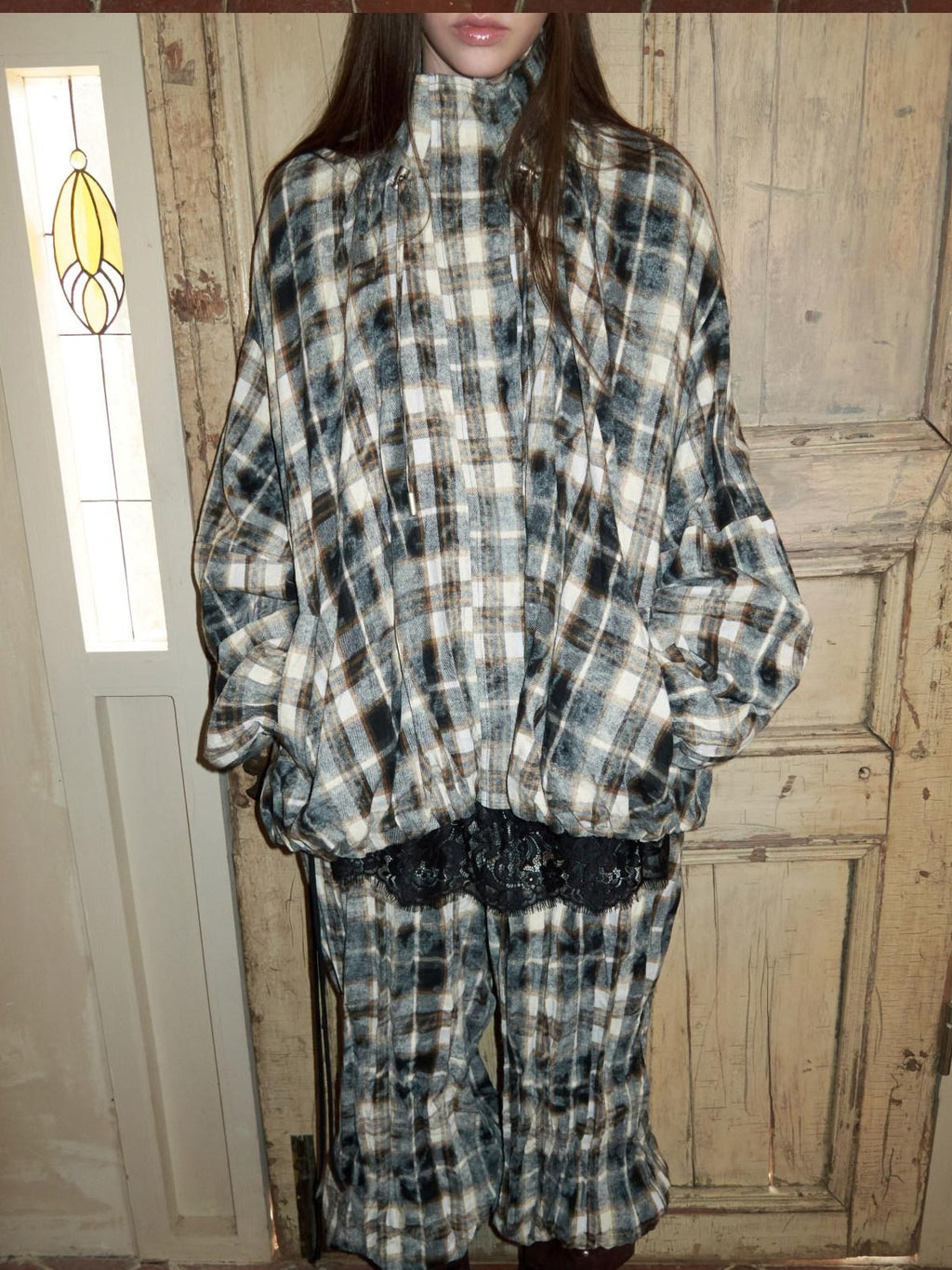 1JINN STUDIO Uv Protective Crushed Plaid Oversized Stand Collar Zipper Women Trench Coats