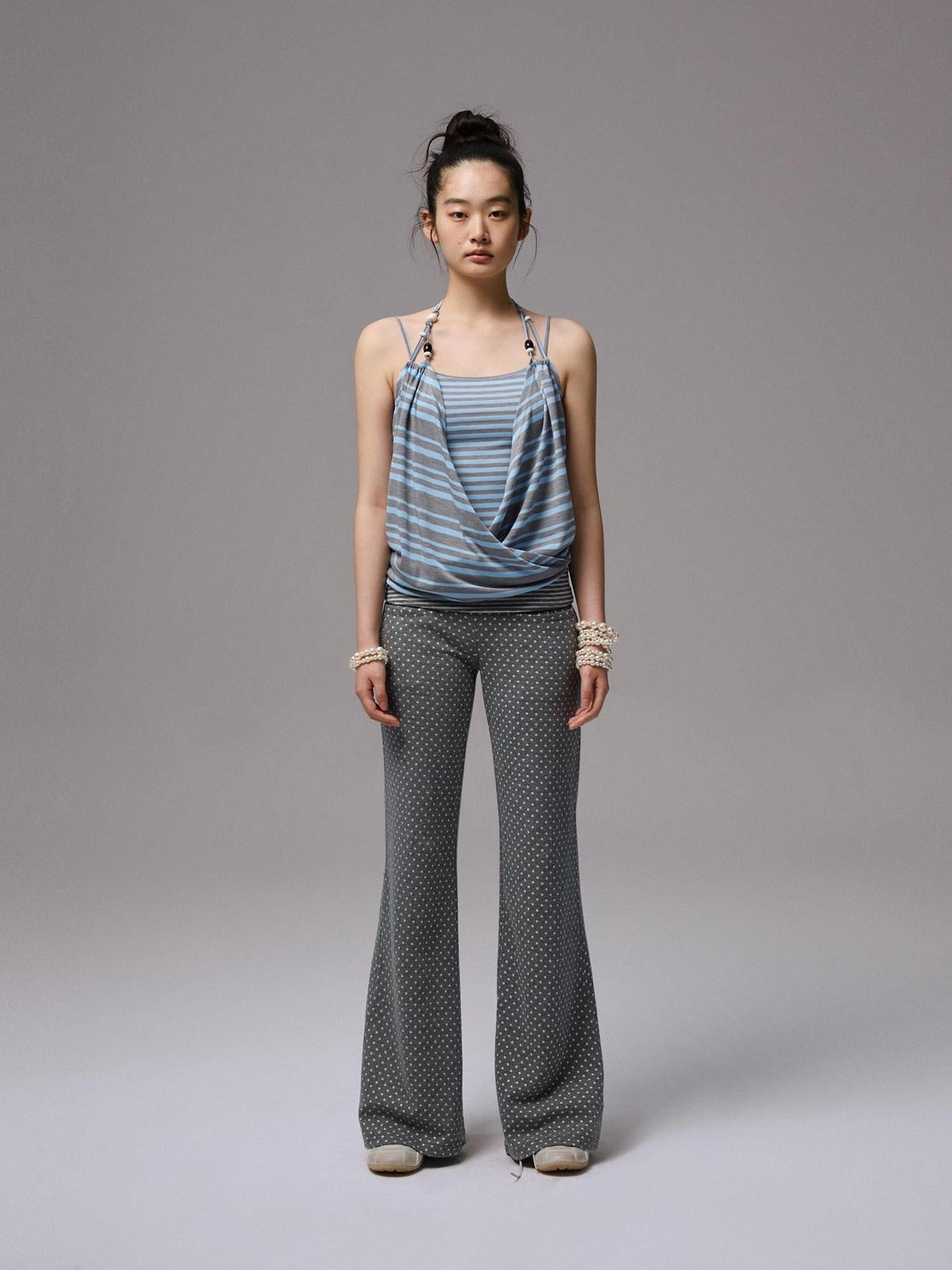 1JINN STUDIO Versatile Backless Halter Slim Crop Top For Women Blue Gray Striped Camisoles