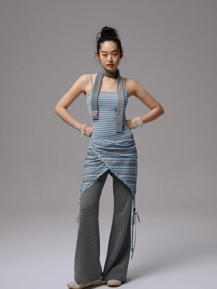 1JINN STUDIO Versatile Backless Halter Slim Crop Top For Women Blue Gray Striped Camisoles