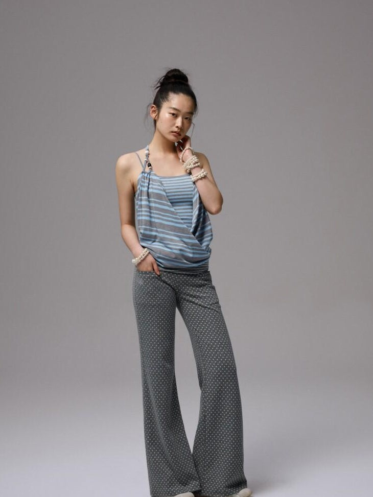 1JINN STUDIO Versatile Backless Halter Slim Crop Top For Women Blue Gray Striped Camisoles
