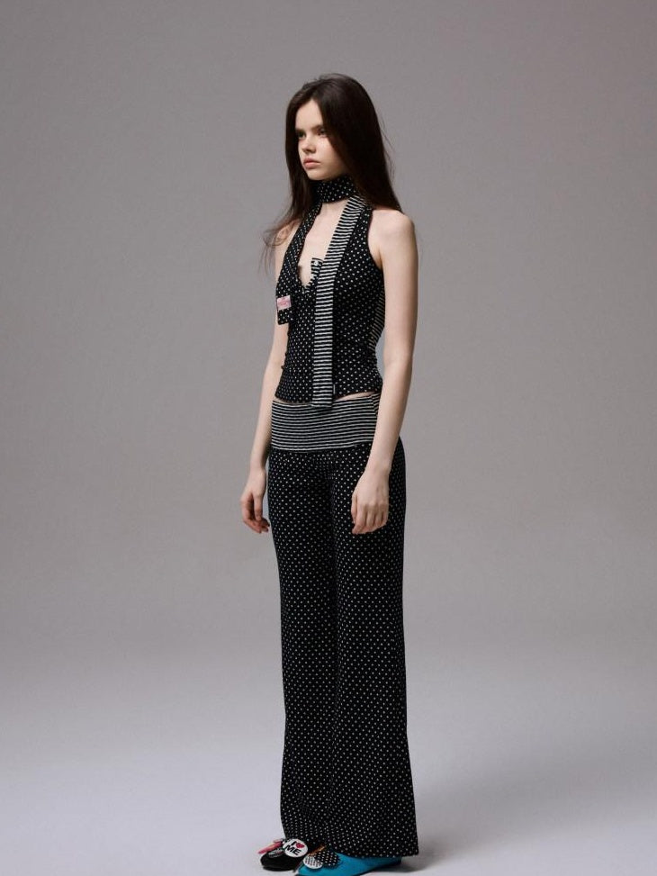 1JINN STUDIO Versatile Backless Slim Henley Cami Flare Pants Women Polka Dot Top & Pants Sets